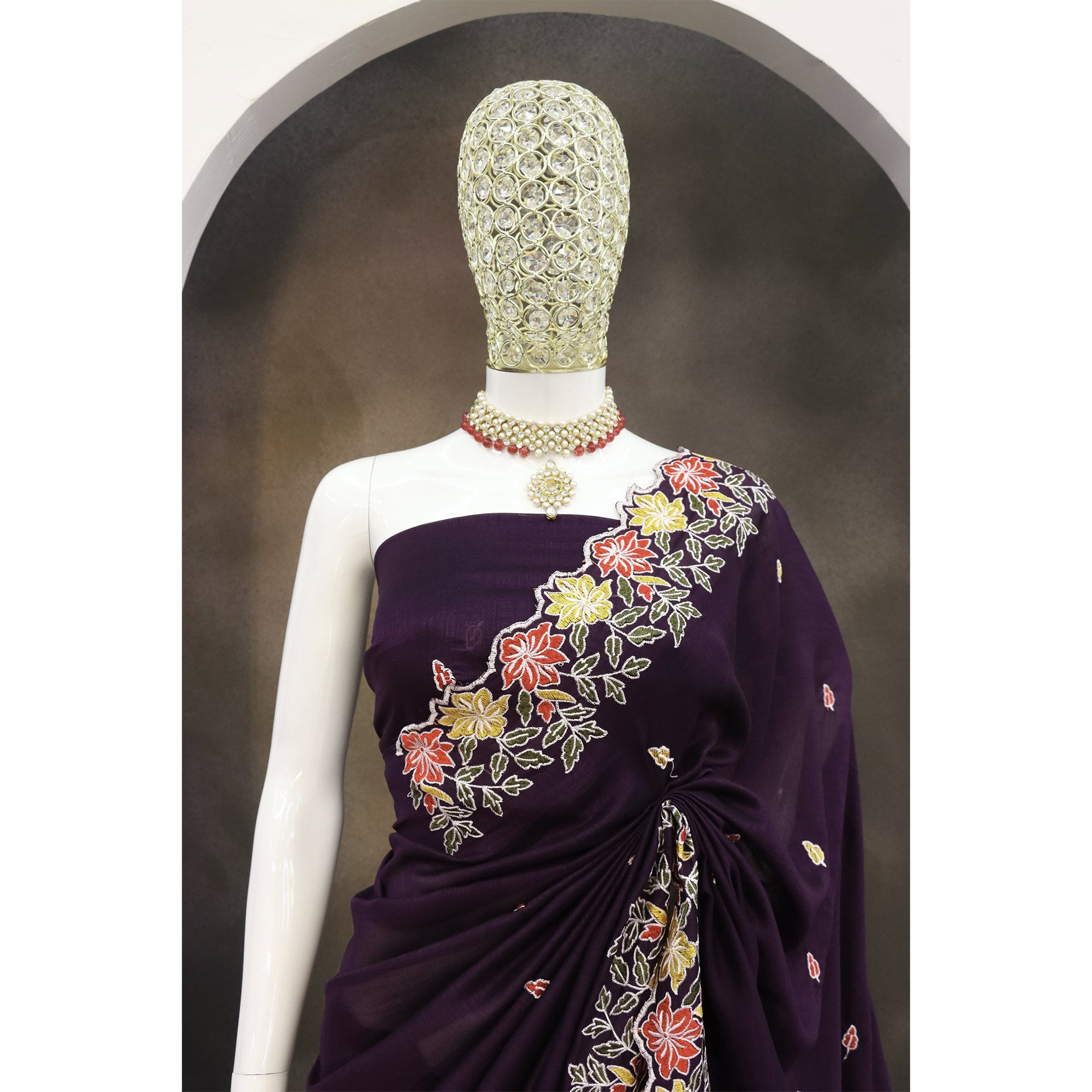 Purple Floral Embroidered Vichitra Silk Saree