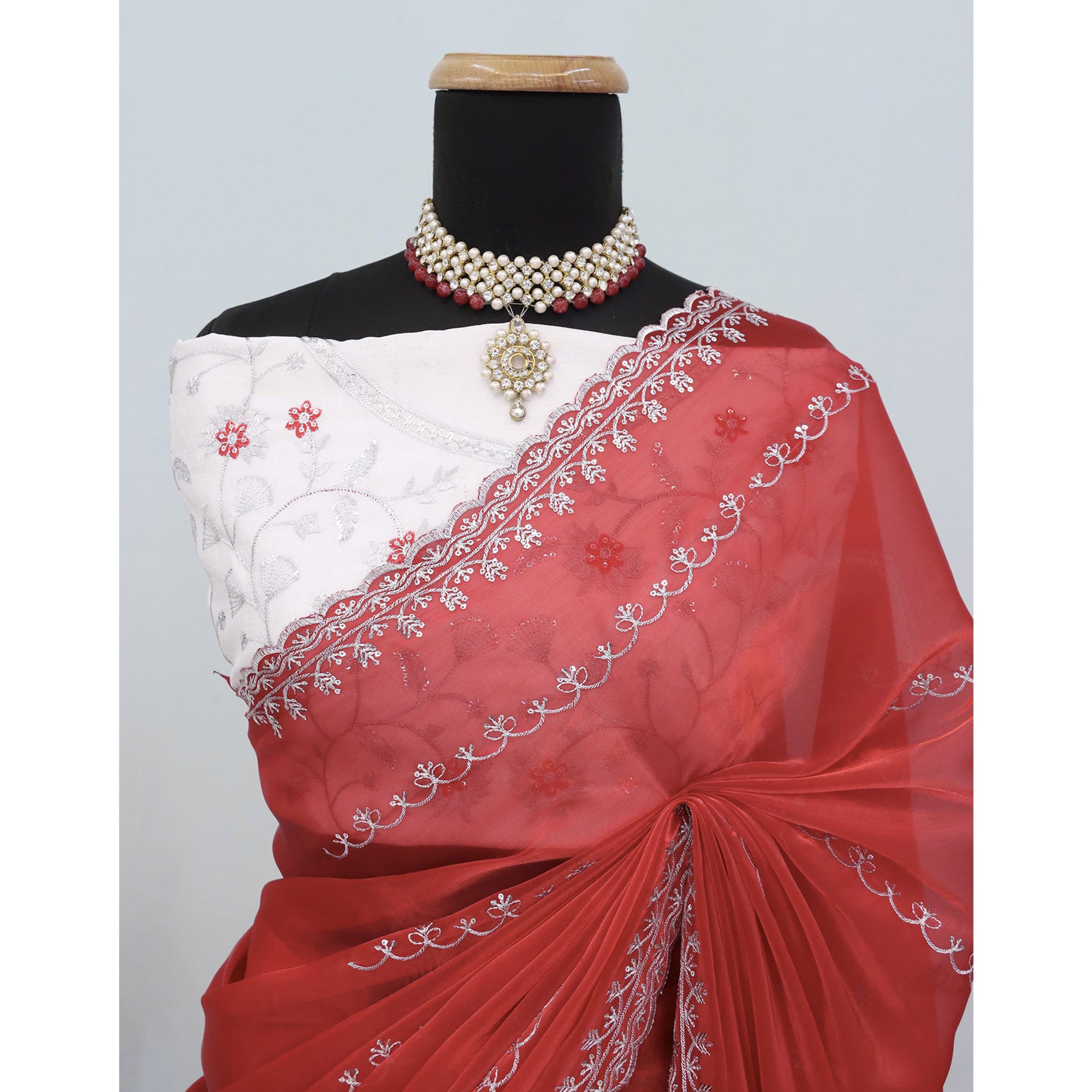 Red Sequins Embroidered Satin Saree