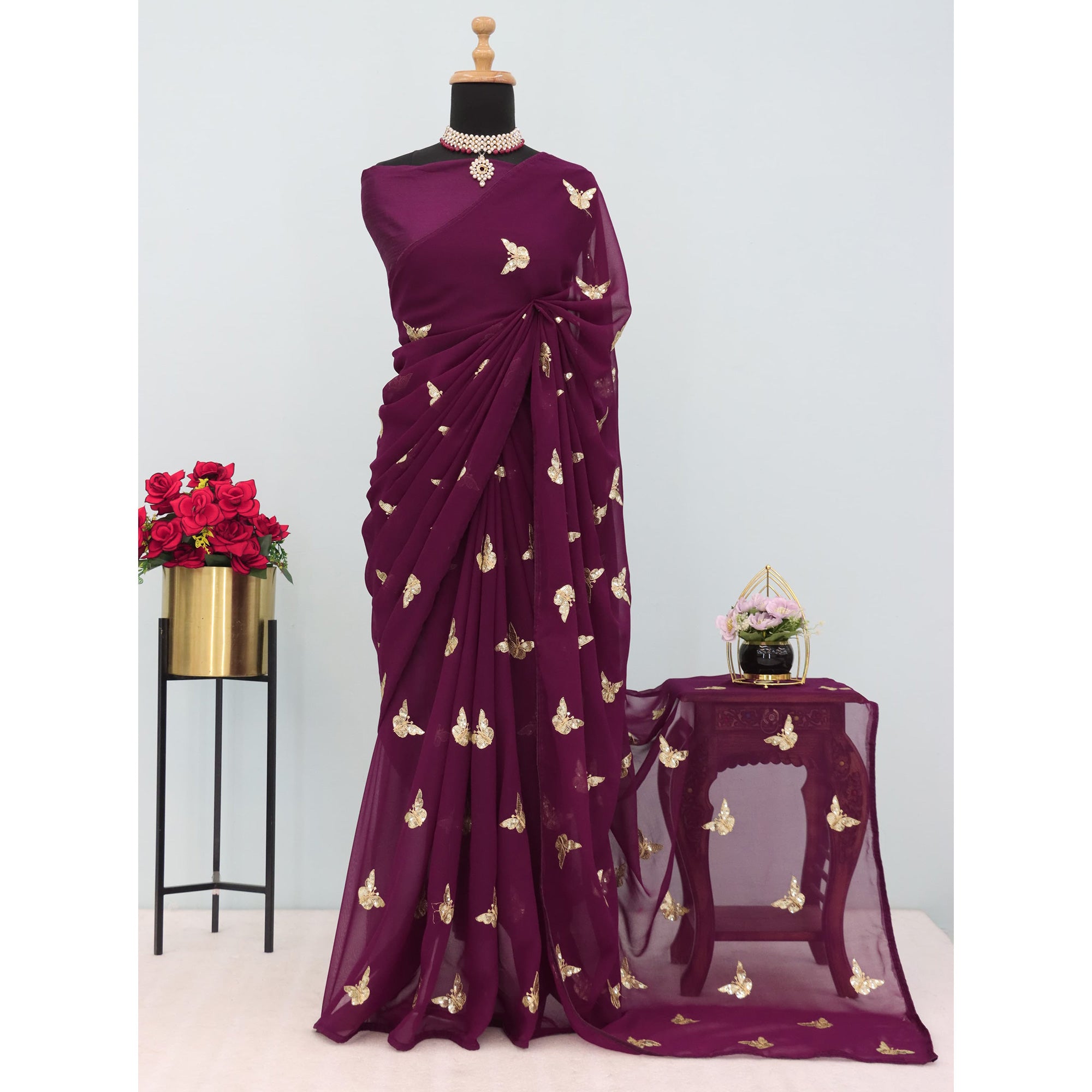 Wine Embroidered Georgette Saree With Shimmering Butterfly Sequin Work