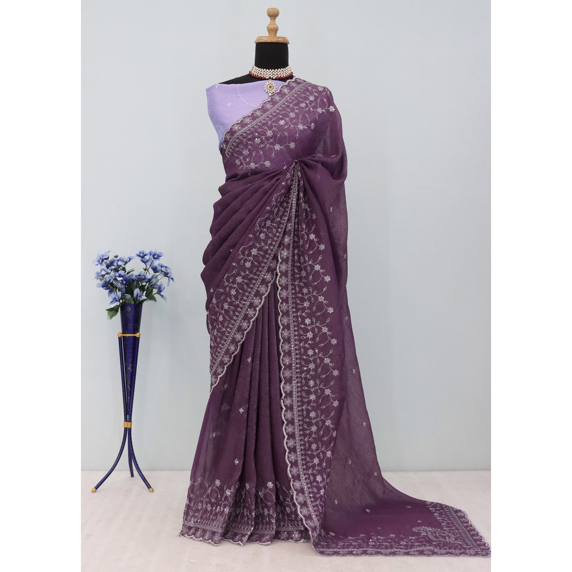 Dusty Lavender Silk Blend Crush Saree Adorned With Floral Thread Embroidery & Sequins