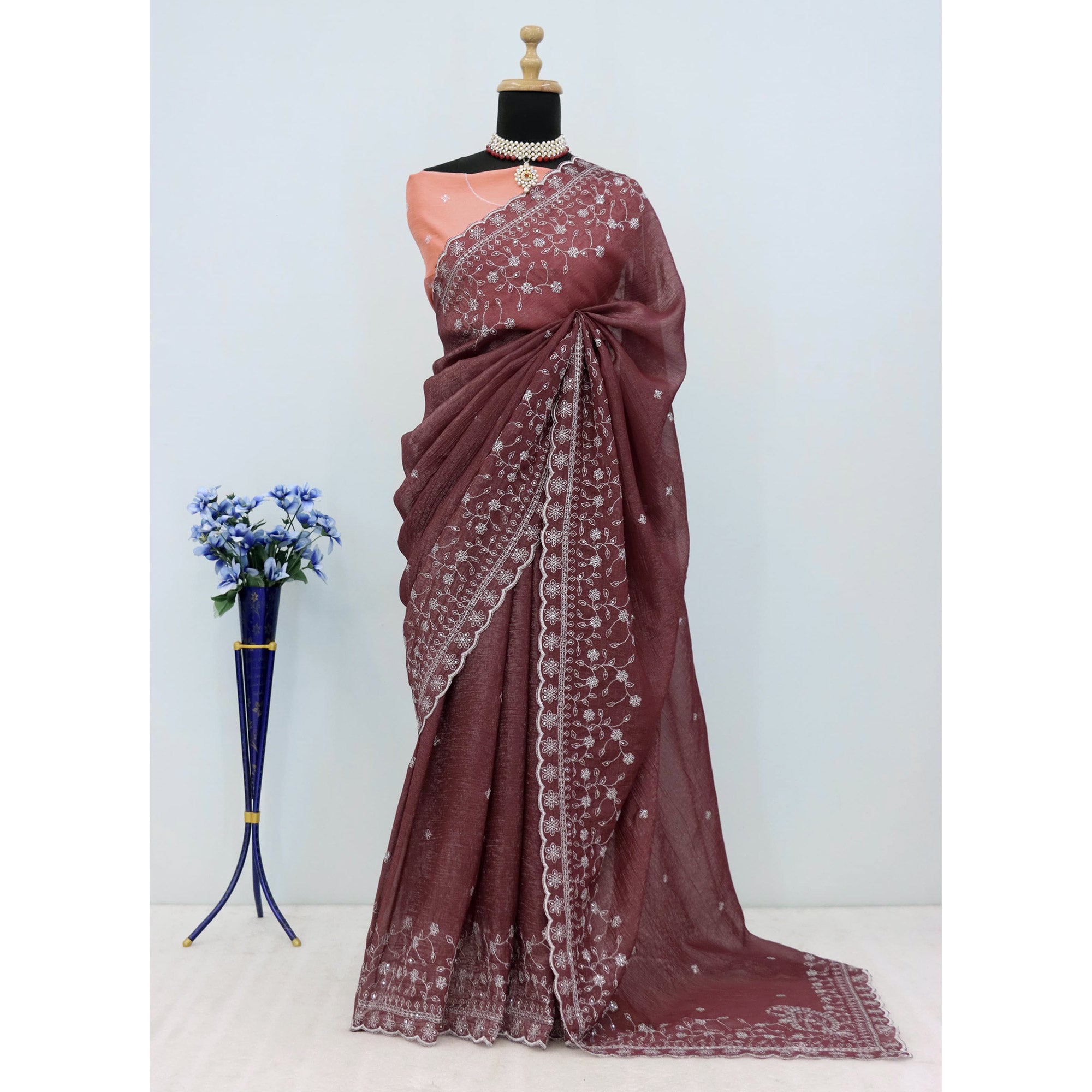 Dusty Maroon Silk Blend Crush Saree Adorned With Floral Thread Embroidery & Sequins