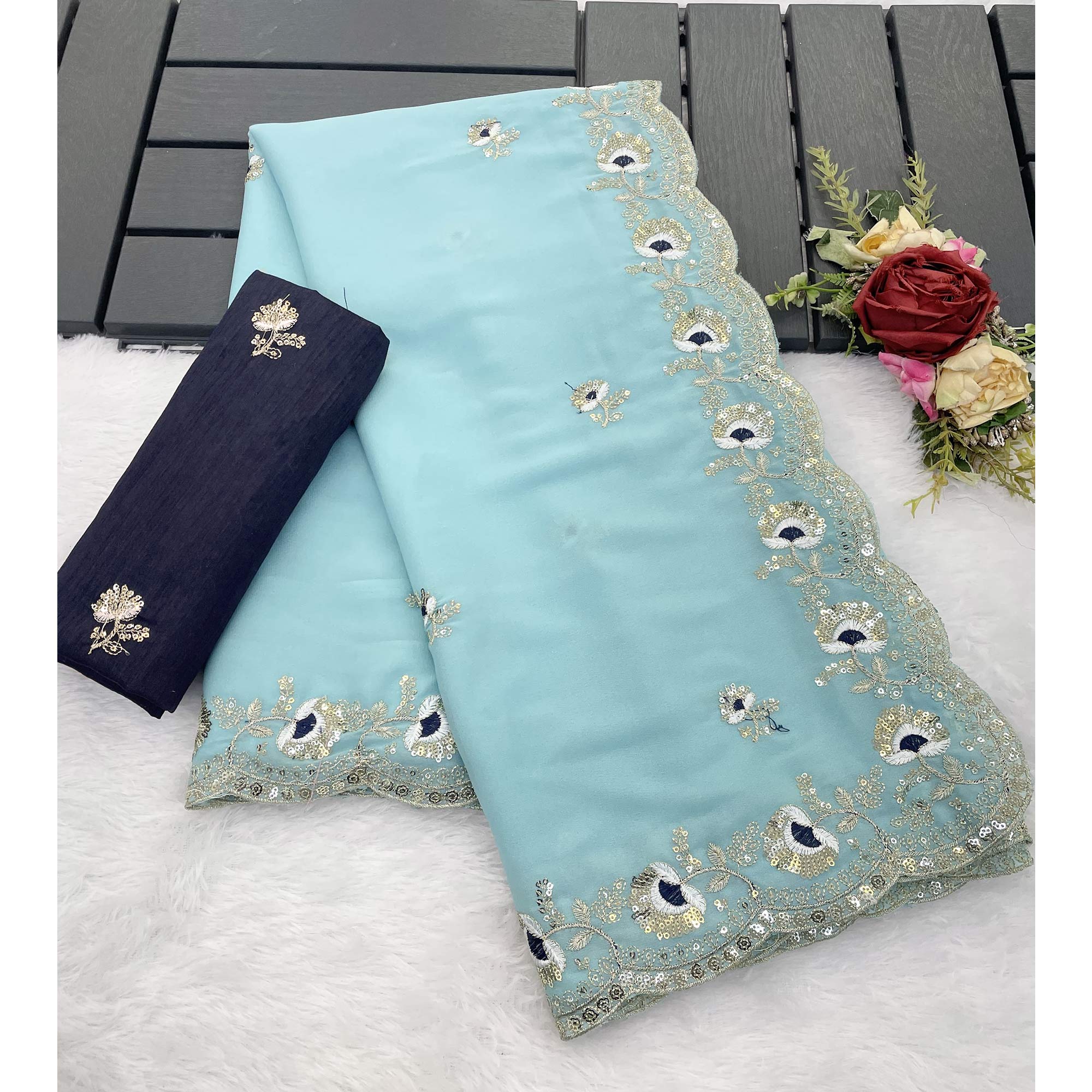 Blue Georgette Silk Saree With Floral Sequin Embroidery & Graceful Cutwork Detailing Border