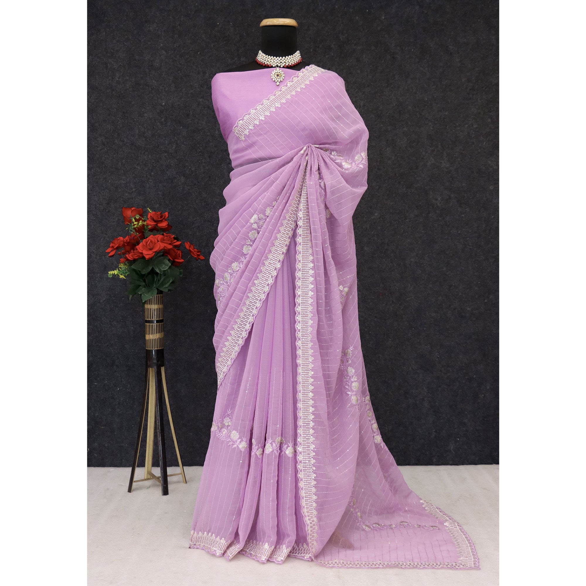 Light Purple Shimmer Chiffon Saree with Floral Sequin Embroidery & Elegant Cutwork Border