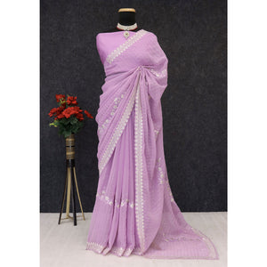 Light Purple Shimmer Chiffon Saree with Floral Sequin Embroidery & Elegant Cutwork Border