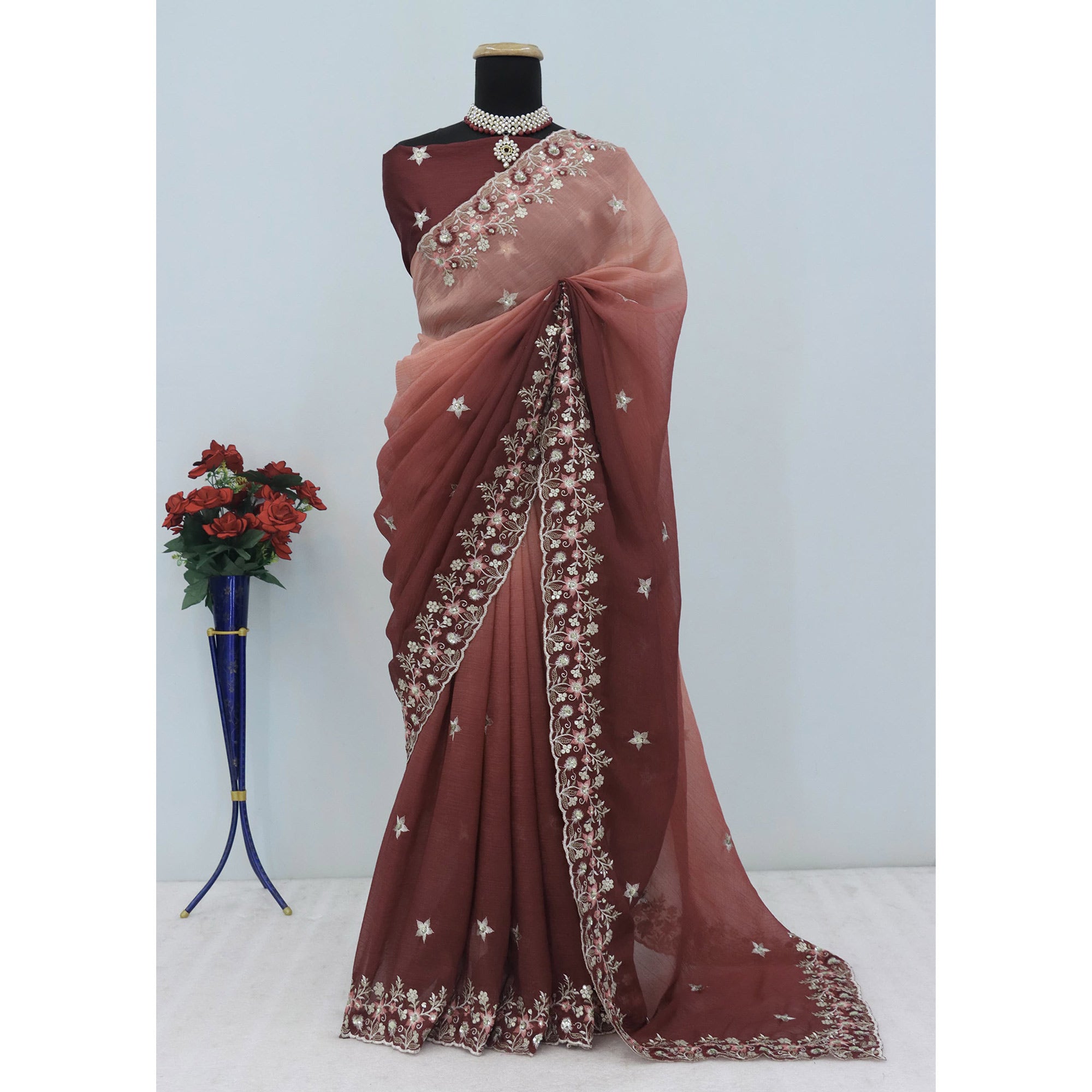 Brown Crunchy Crush Saree Featuring Floral Thread Embroidery & Sequins Embellishment