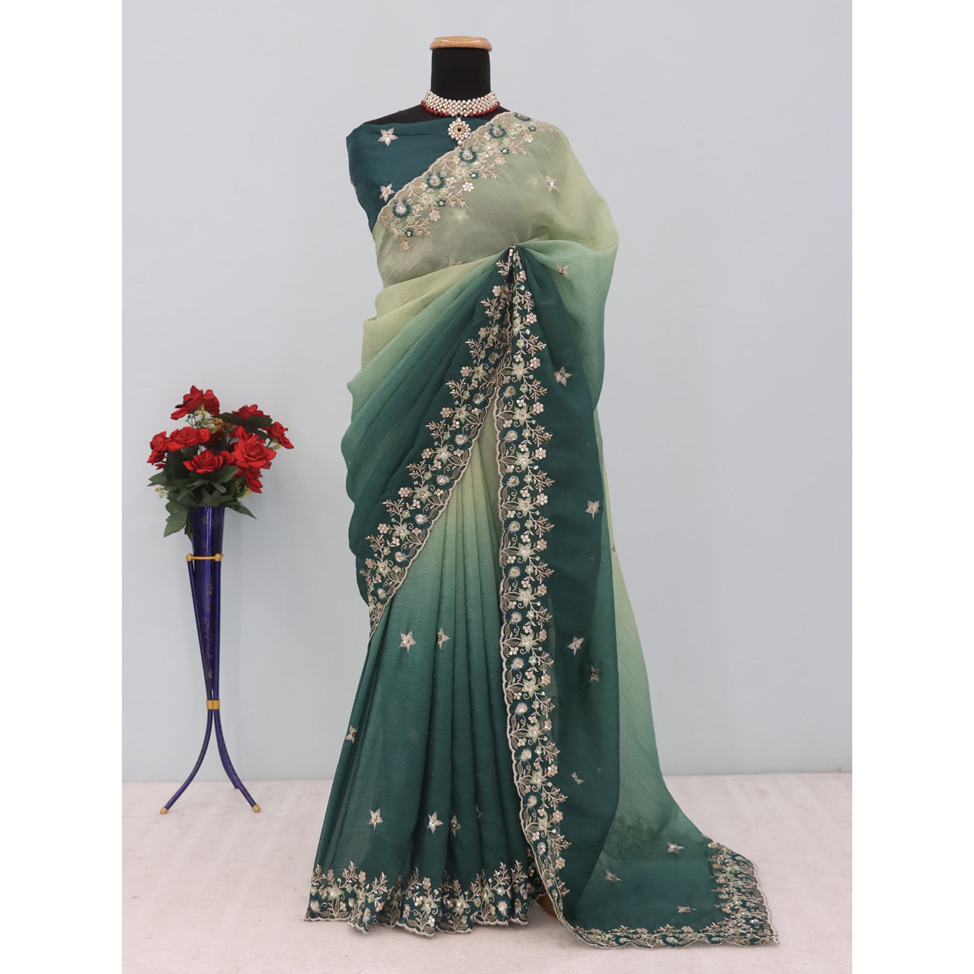 Teal Crunchy Crush Saree Featuring Floral Thread Embroidery & Sequins Embellishment