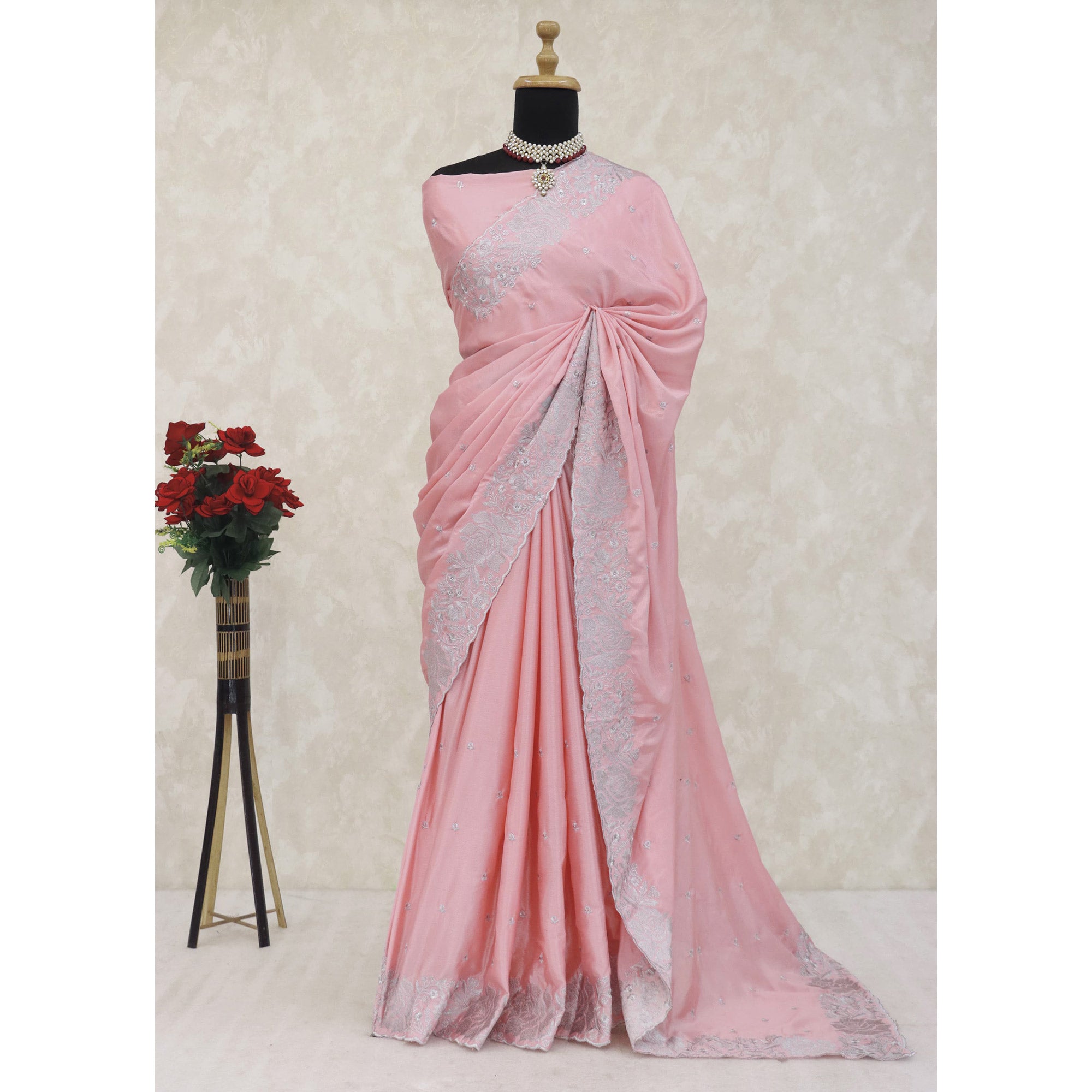 Graceful Baby Pink Chinon Chiffon Saree With Intricate Floral Zari Embroidery