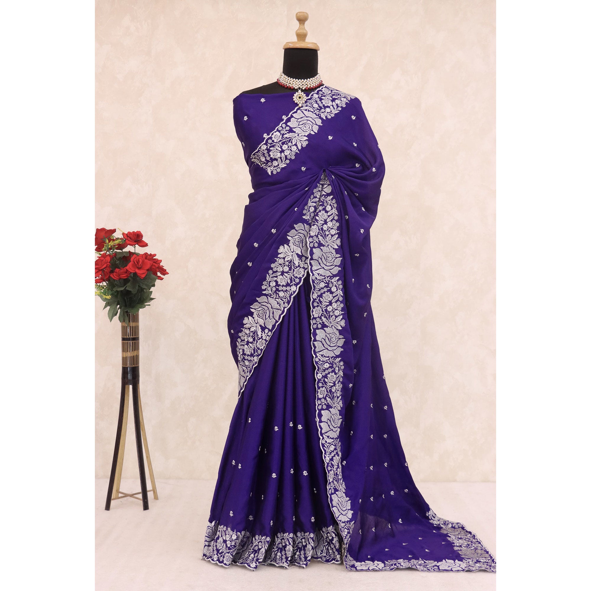 Luxurious Royal Purple Saree Adorned With Delicate Floral Zari Work On Chinon Chiffon