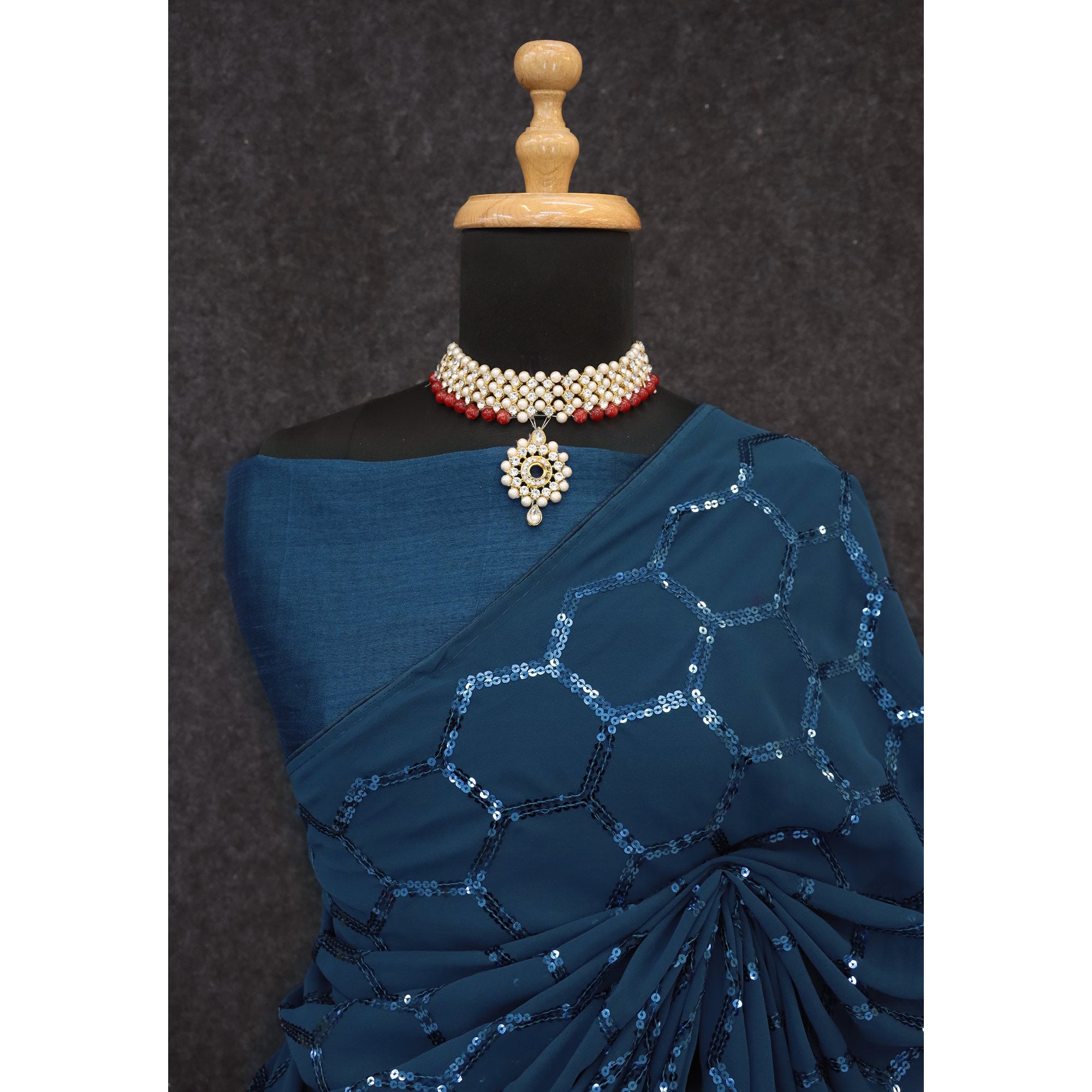Blue Georgette Silk Saree Embellished With Sparkling Sequins Embroidery & Piping Border