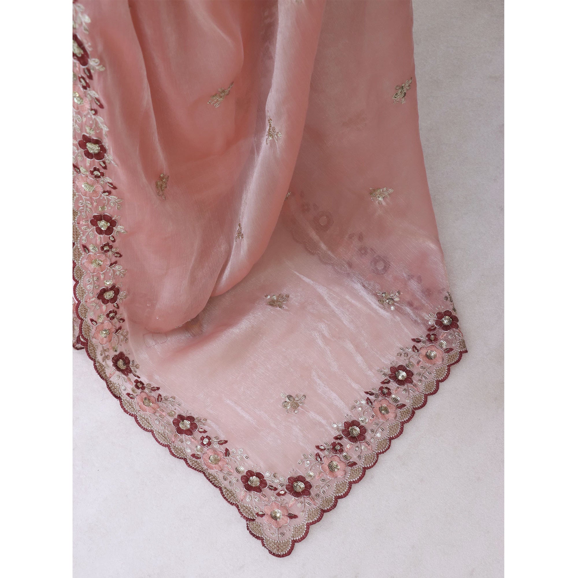 Peach Jimmy Choo Chiffon Saree Adorned With Floral Embroidery & Delicate Sequins Work