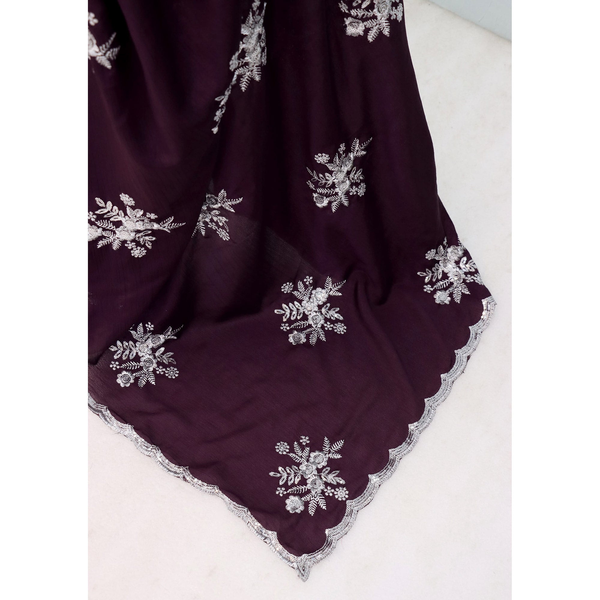 Wine Chinon Saree Adorned With Zari Floral Embroidery & Gleaming Sequins Work