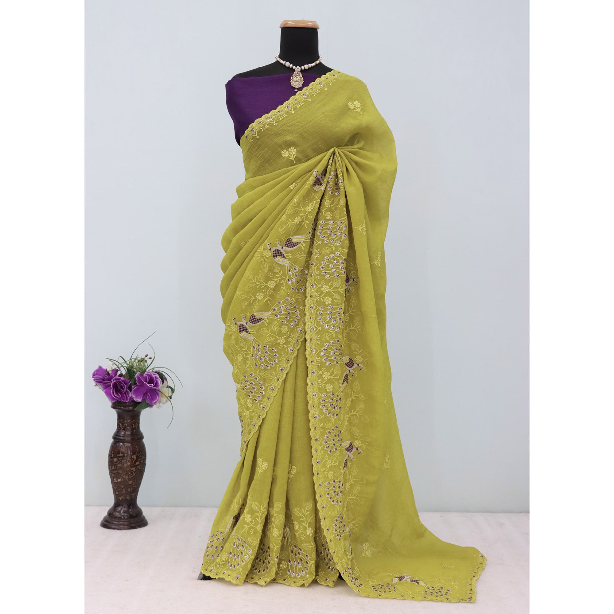 Graceful Green Crunchy Crush Saree With Delicate Floral Thread Embroidery & Sequin Work