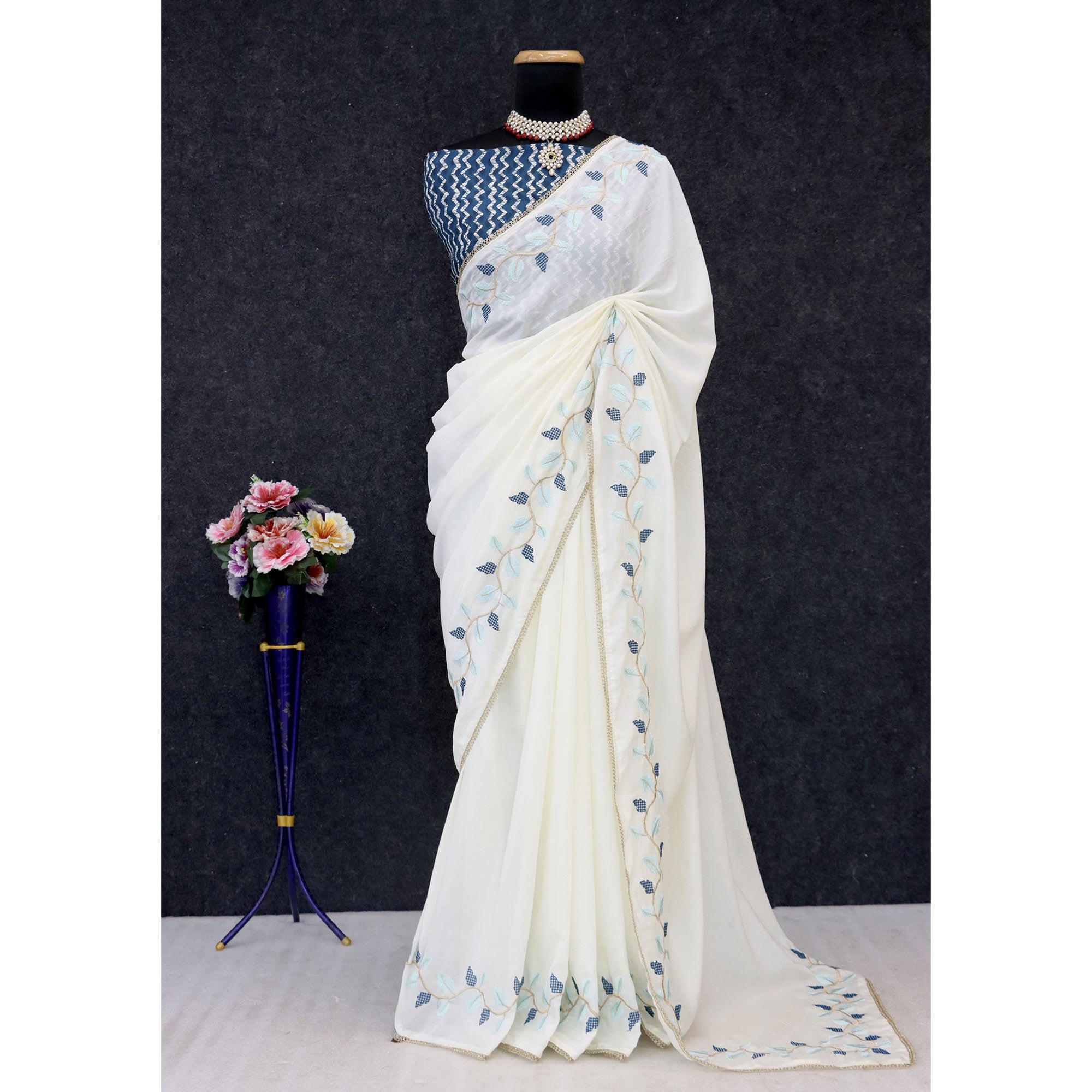 Timeless Offwhite & Blue Pure Silk Saree With Intricate Thread Embroidery And Delicate Lace Border