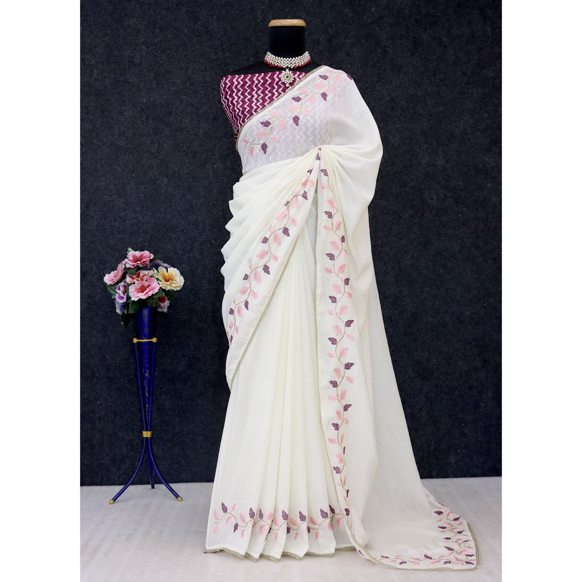 Graceful Offwhite & Wine Pure Silk Saree With Intricate Thread Embroidery And Delicate Lace Border