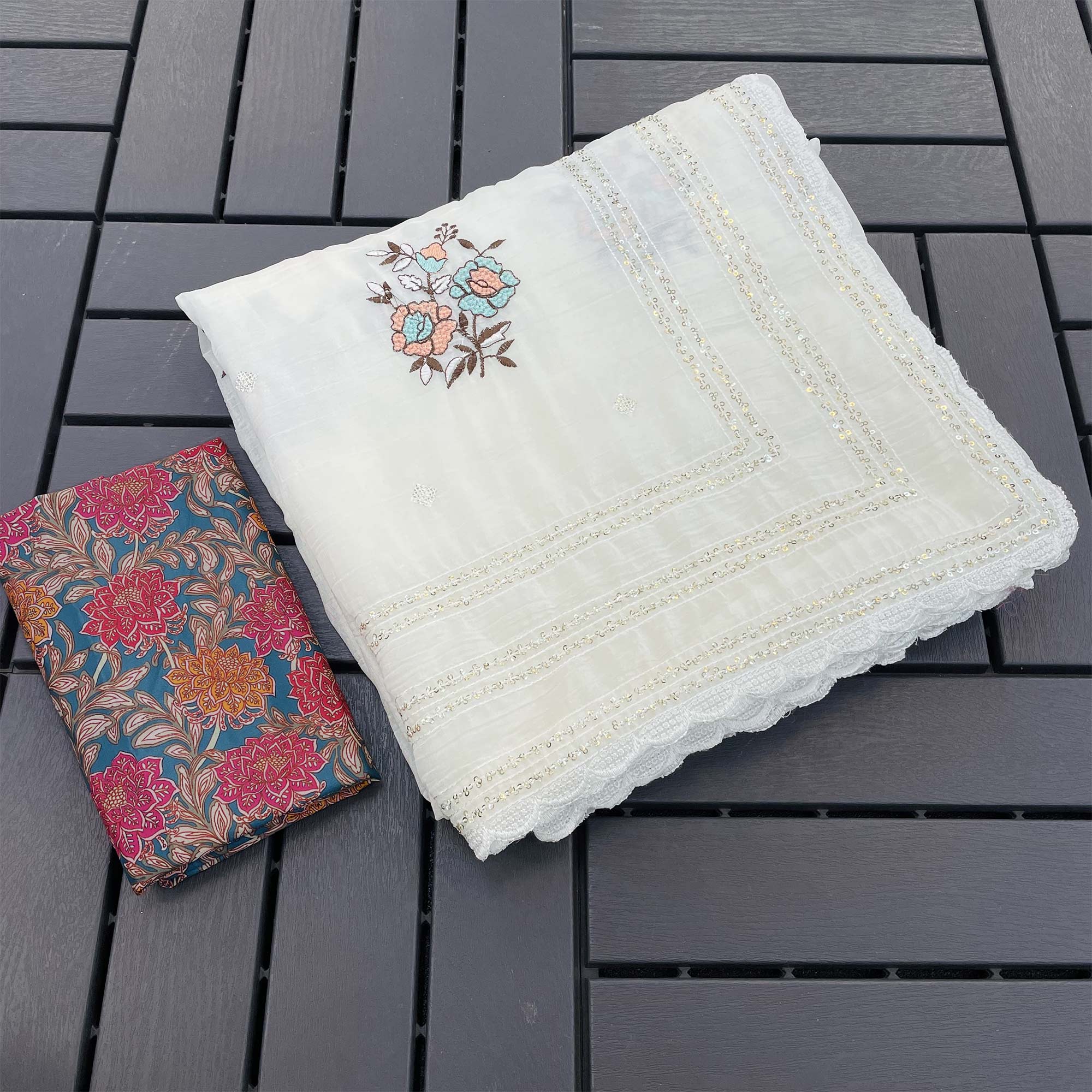 White Embroidered Cotton Silk Saree with Subtle Sequins Detailing