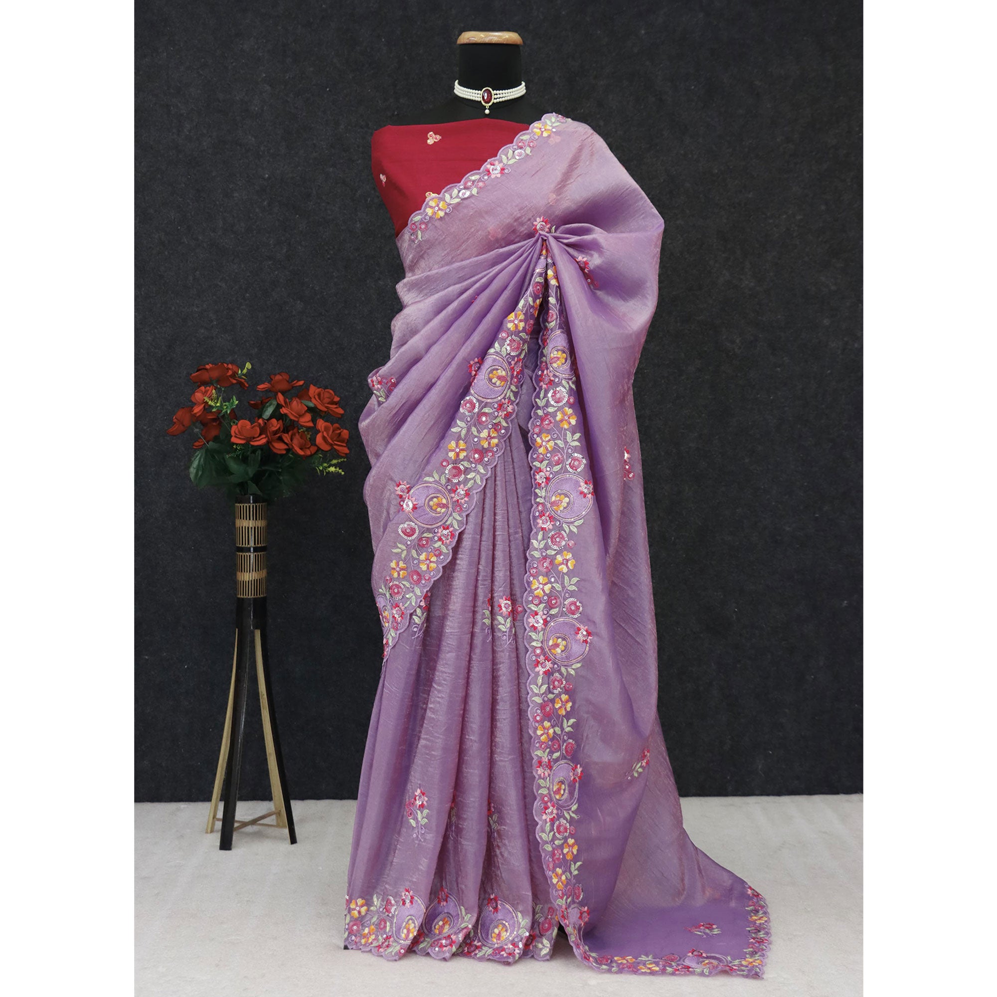 Lavender Elegance Cotton Silk Saree with Floral Sequins Embroidery