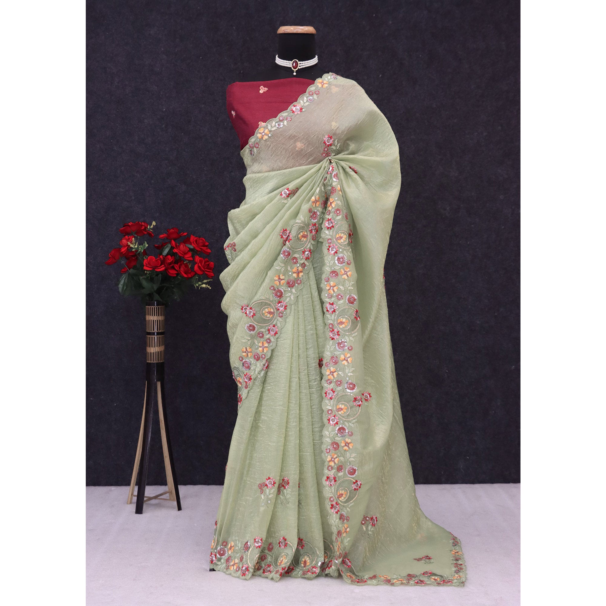 Pista Green Elegance Cotton Silk Saree with Floral Sequins Embroidery