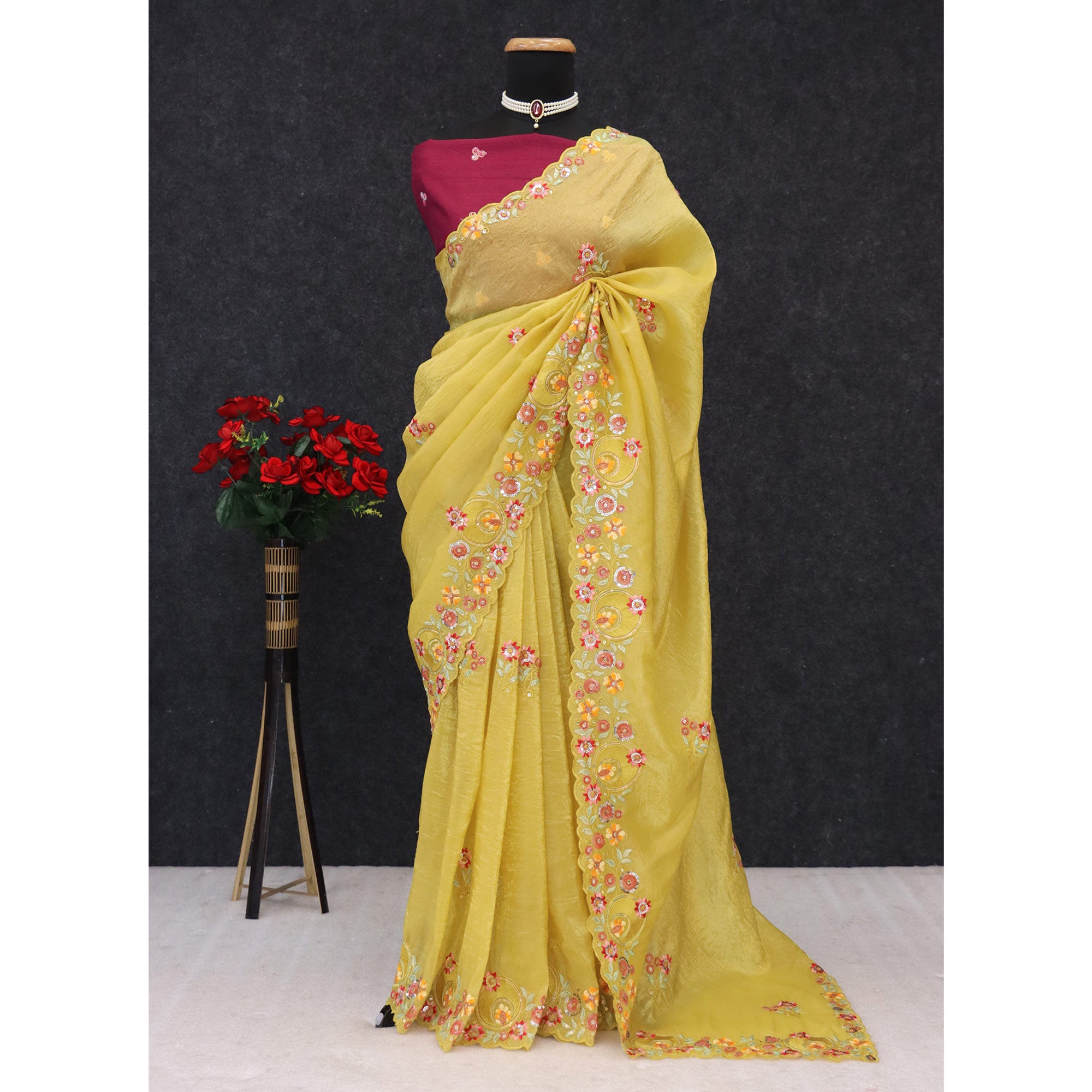 Yellow Elegance Cotton Silk Saree with Floral Sequins Embroidery