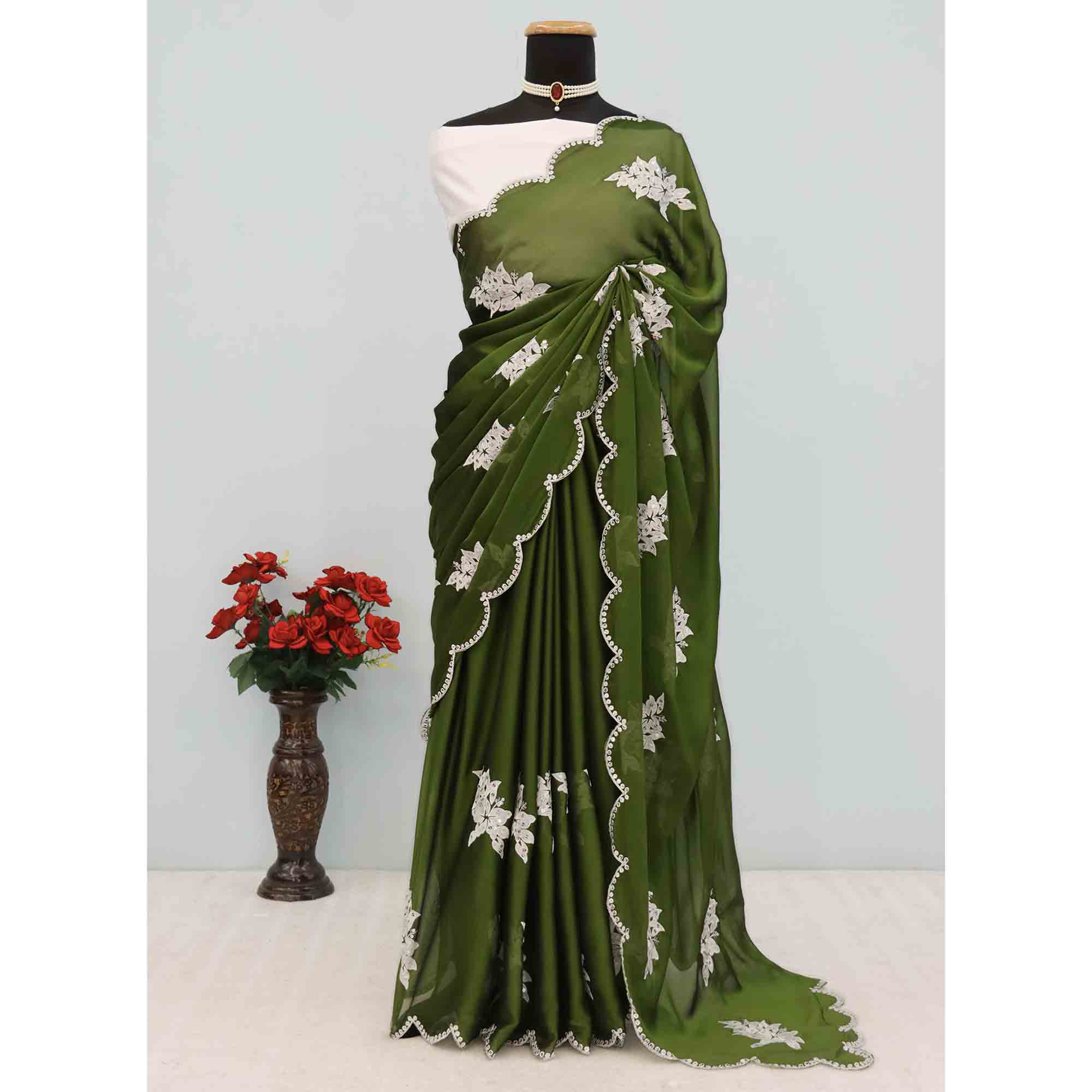 Mehendi Green Silk Blend Saree with Embroidered Floral Design in Sequins & Thread