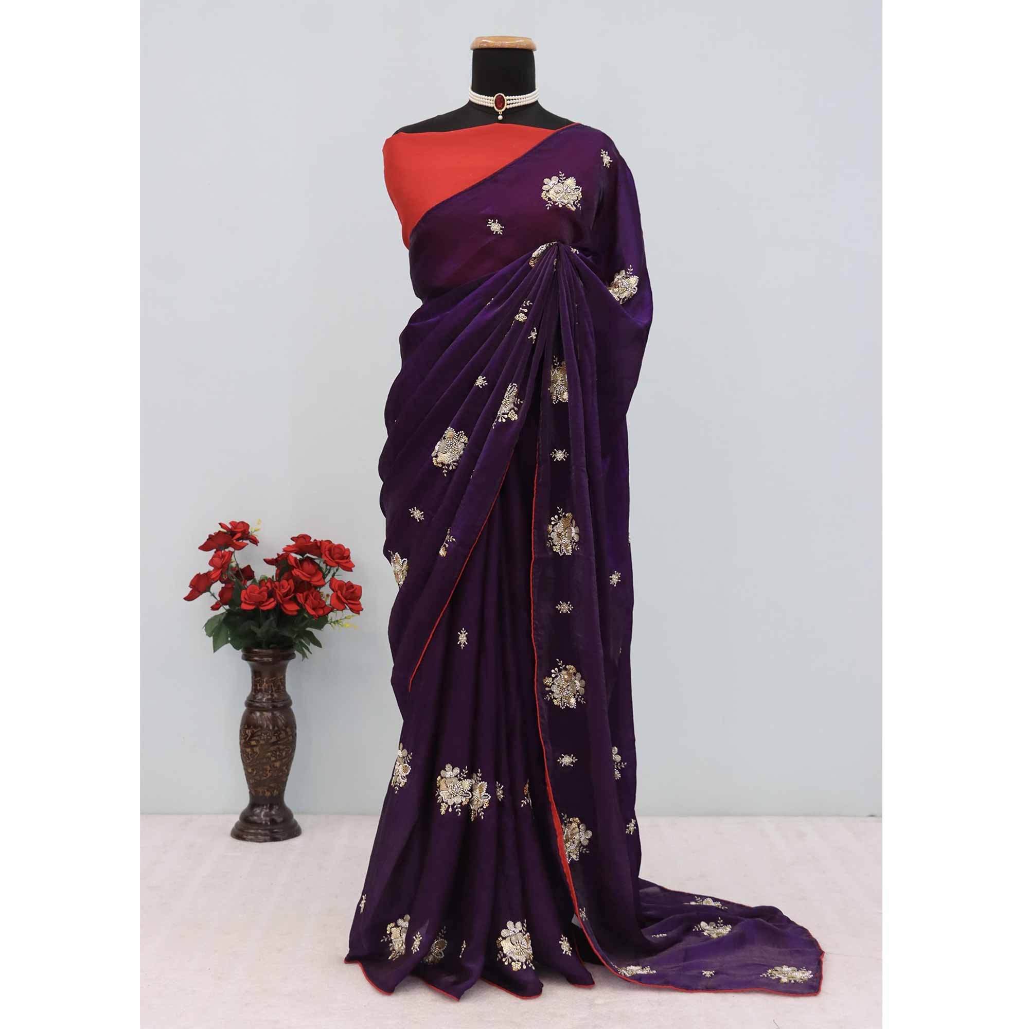 Party Wear Purple Satin Silk Saree with Intricate Bead and Sequin Detailing