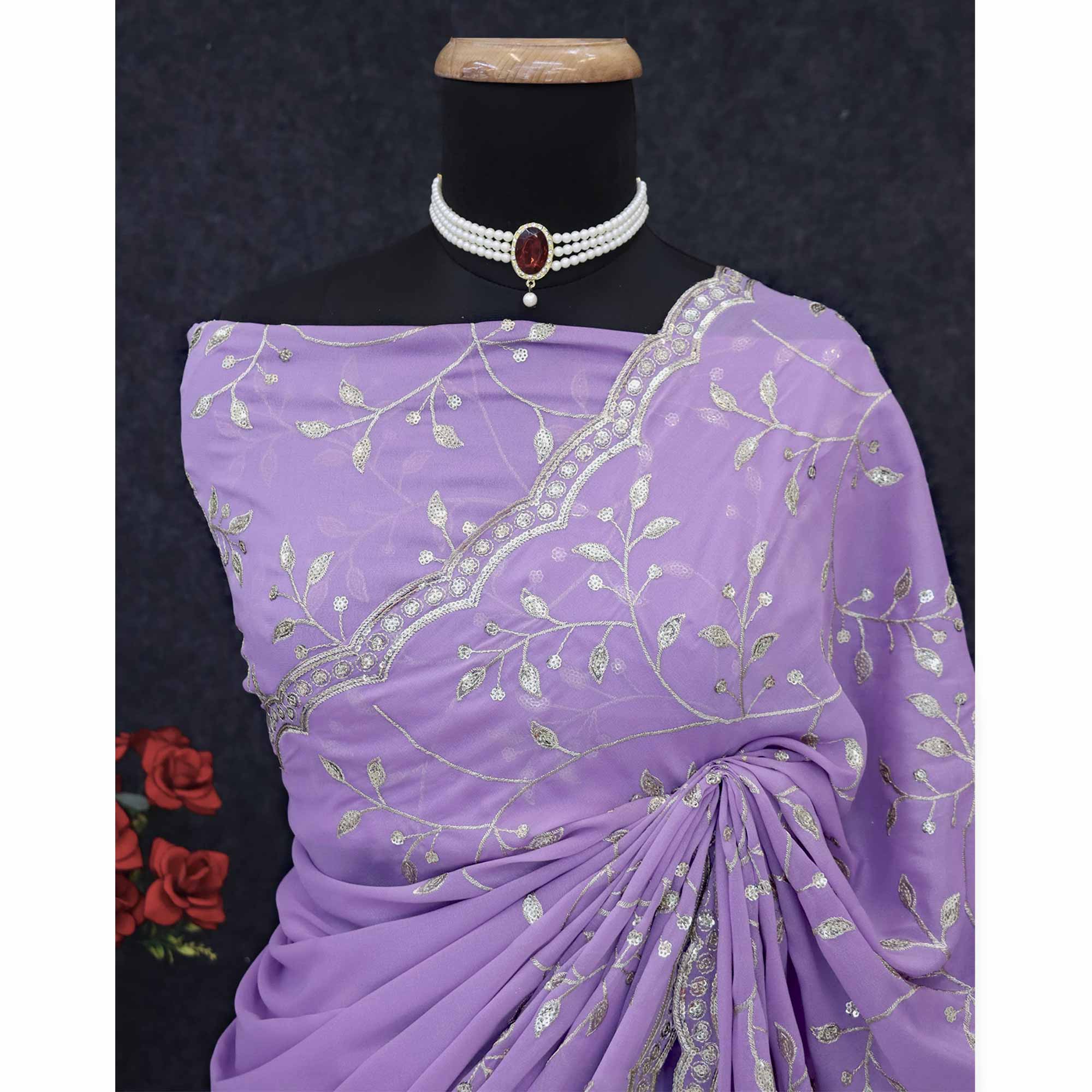 Designer Lavender Georgette Saree Featuring Intricate Sequins & Embroidery Work