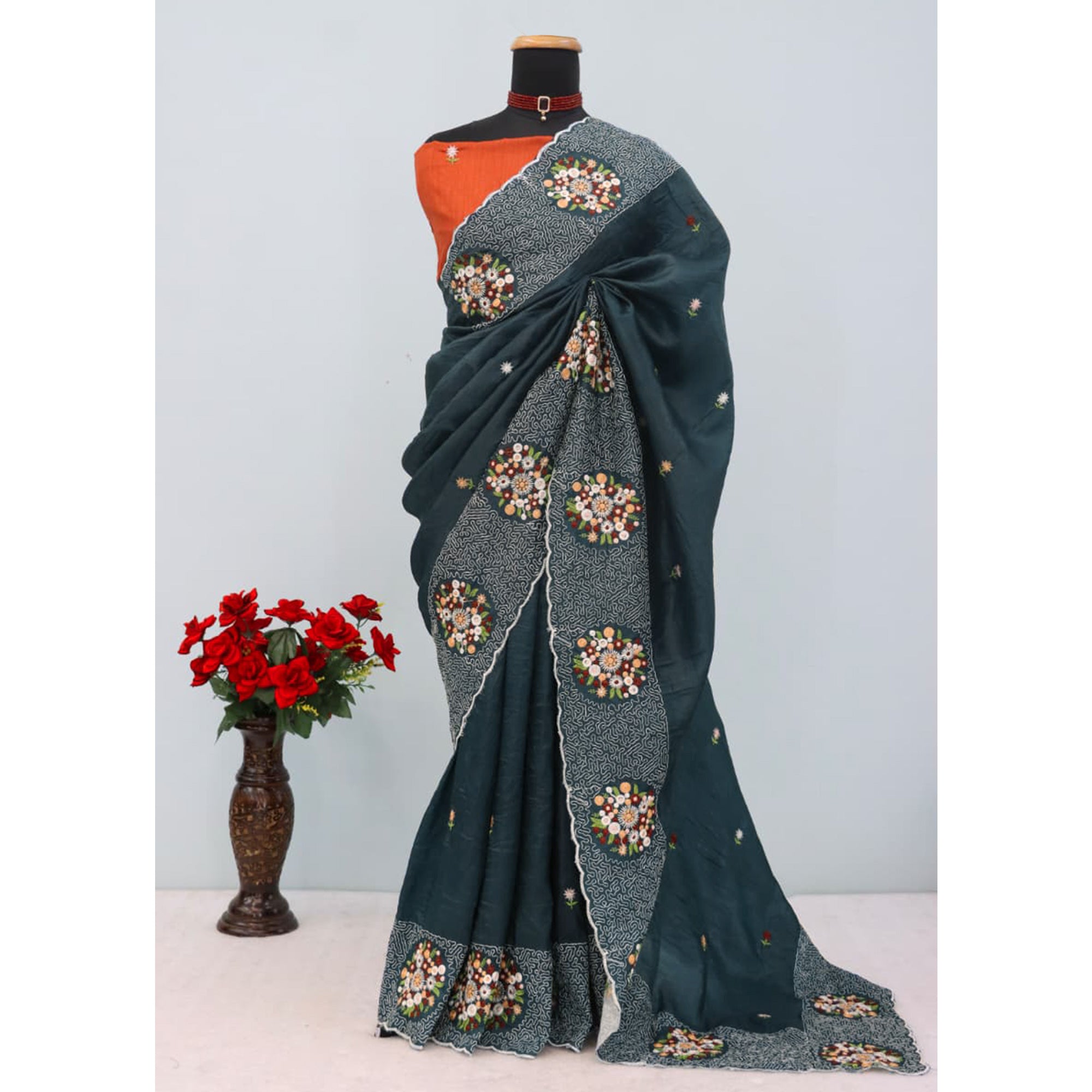 Deep Teal Cotton Silk Saree with Beautiful Floral Embroidery for Parties & Celebrations