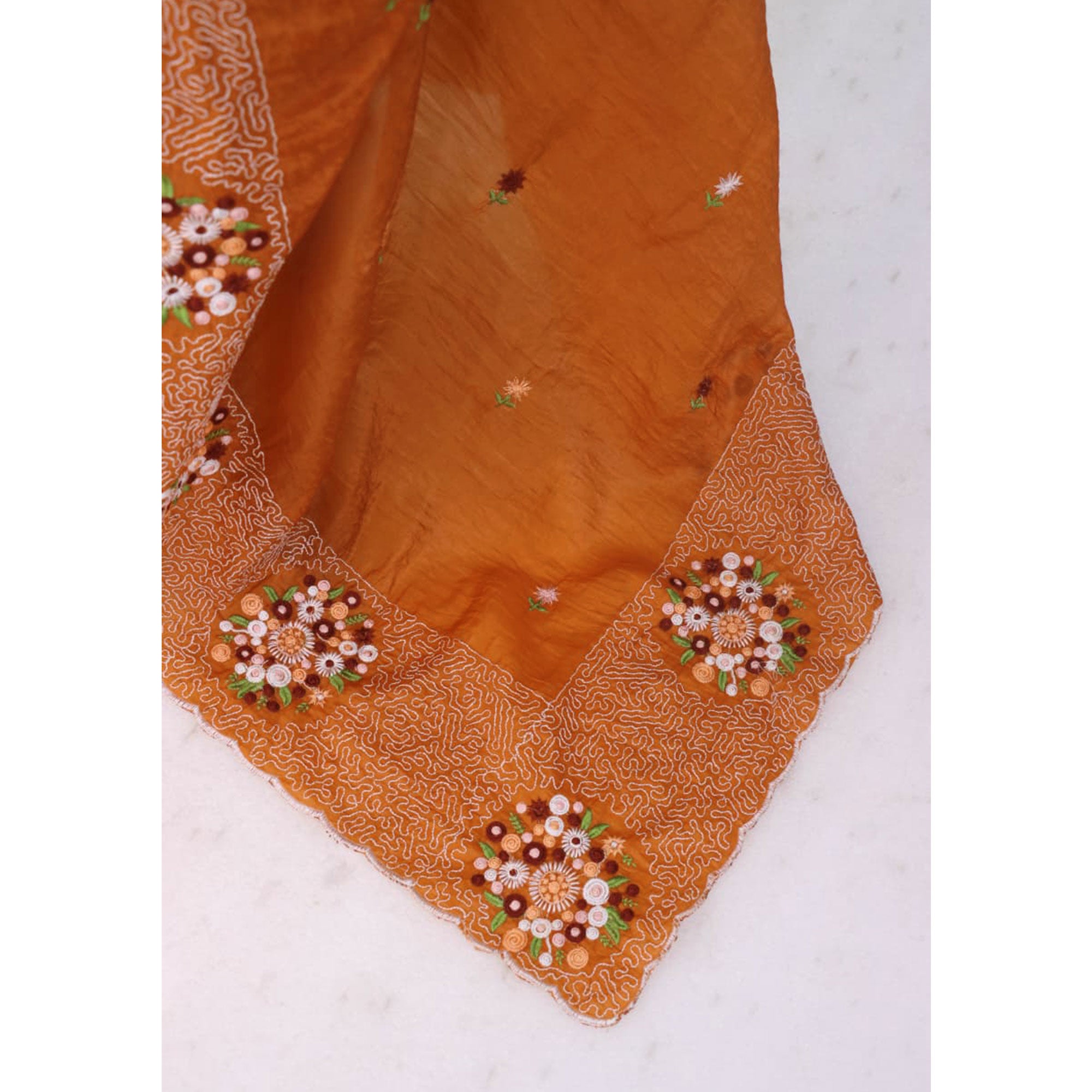 Orange Cotton Silk Saree with Beautiful Floral Embroidery for Parties & Celebrations