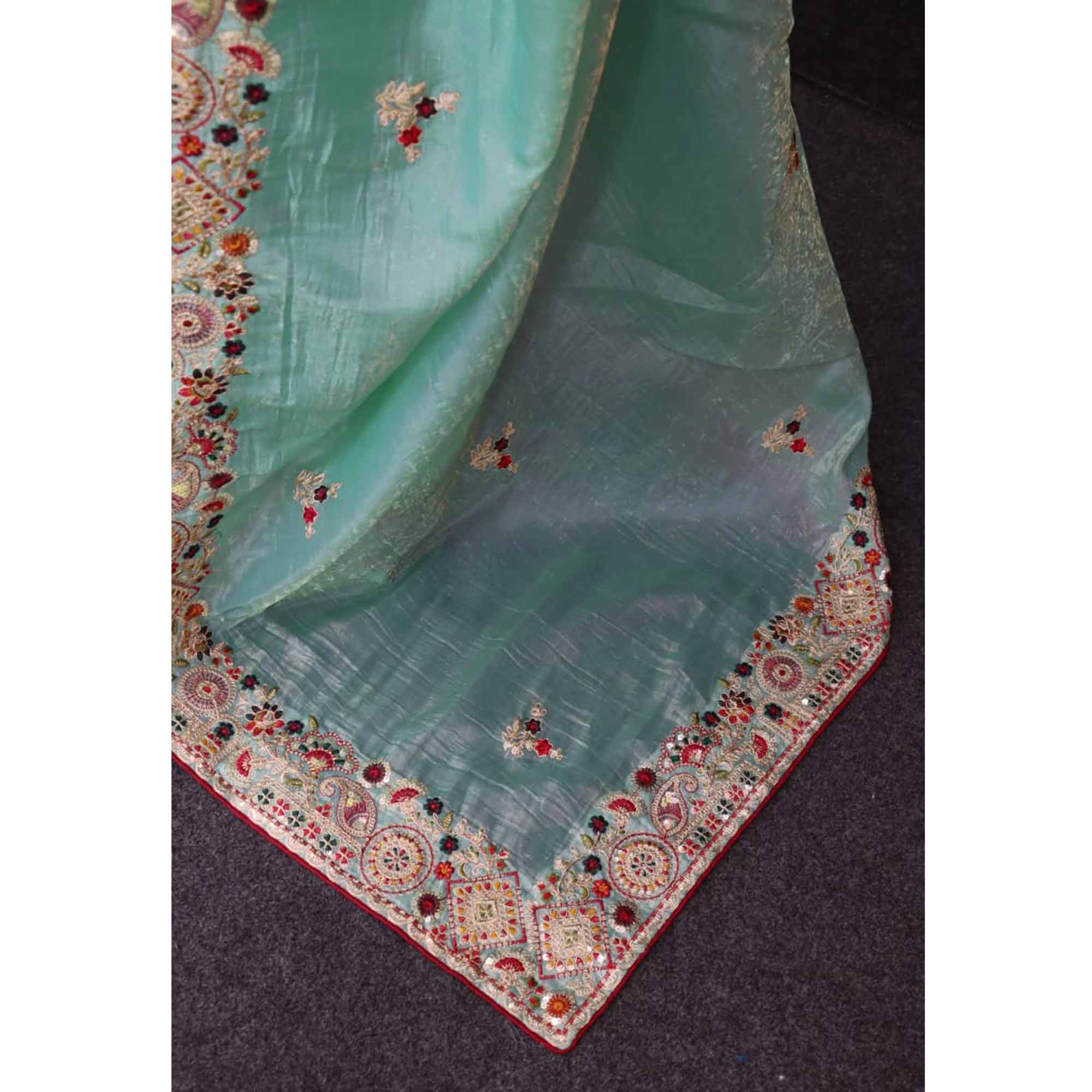 Aqua Blue Saree in Cotton Silk Fabric with Exquisite Floral Sequins Detailing