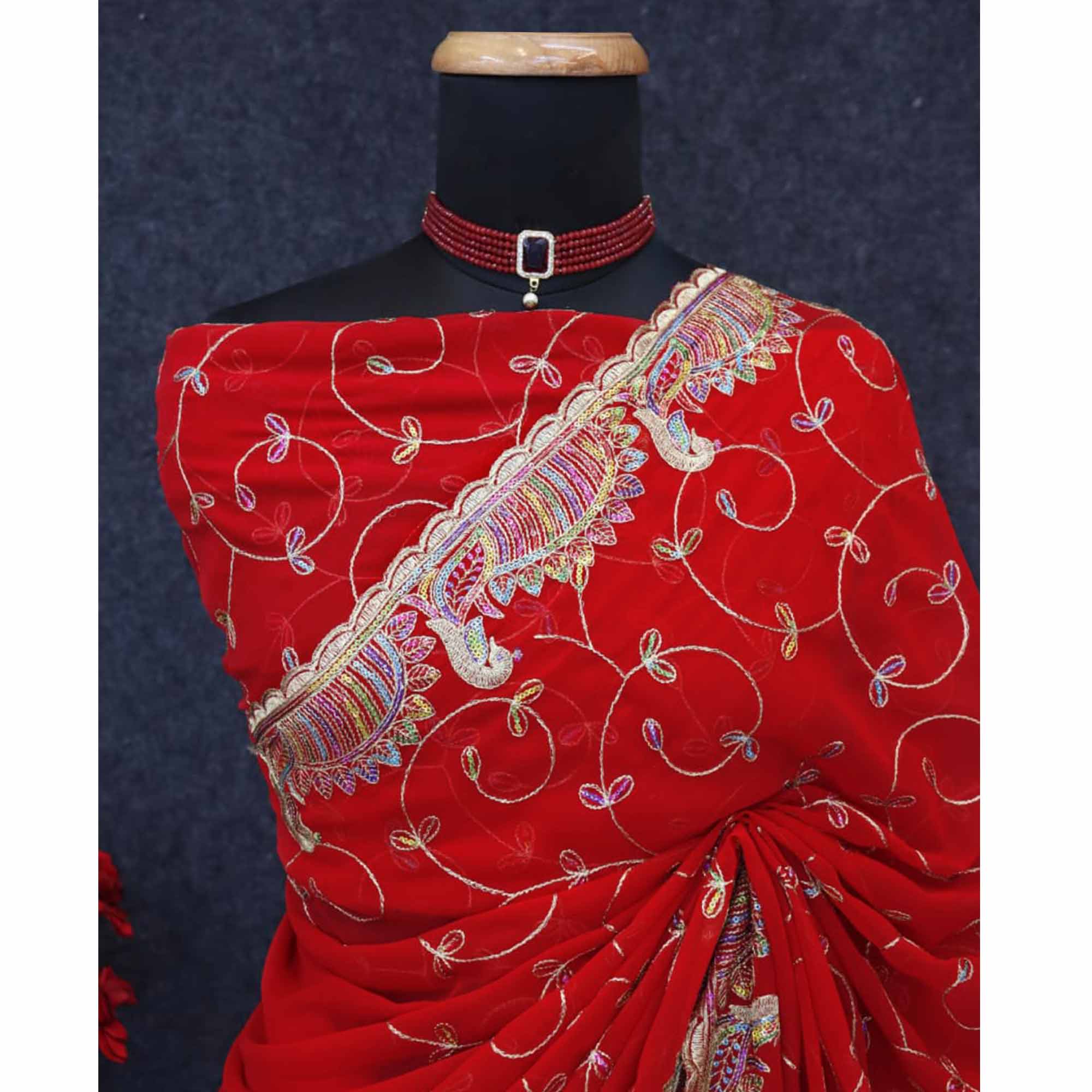 Elegant Red Floral Sequin & Thread Embroidered Georgette Saree With Exquisite Peacock Design Border