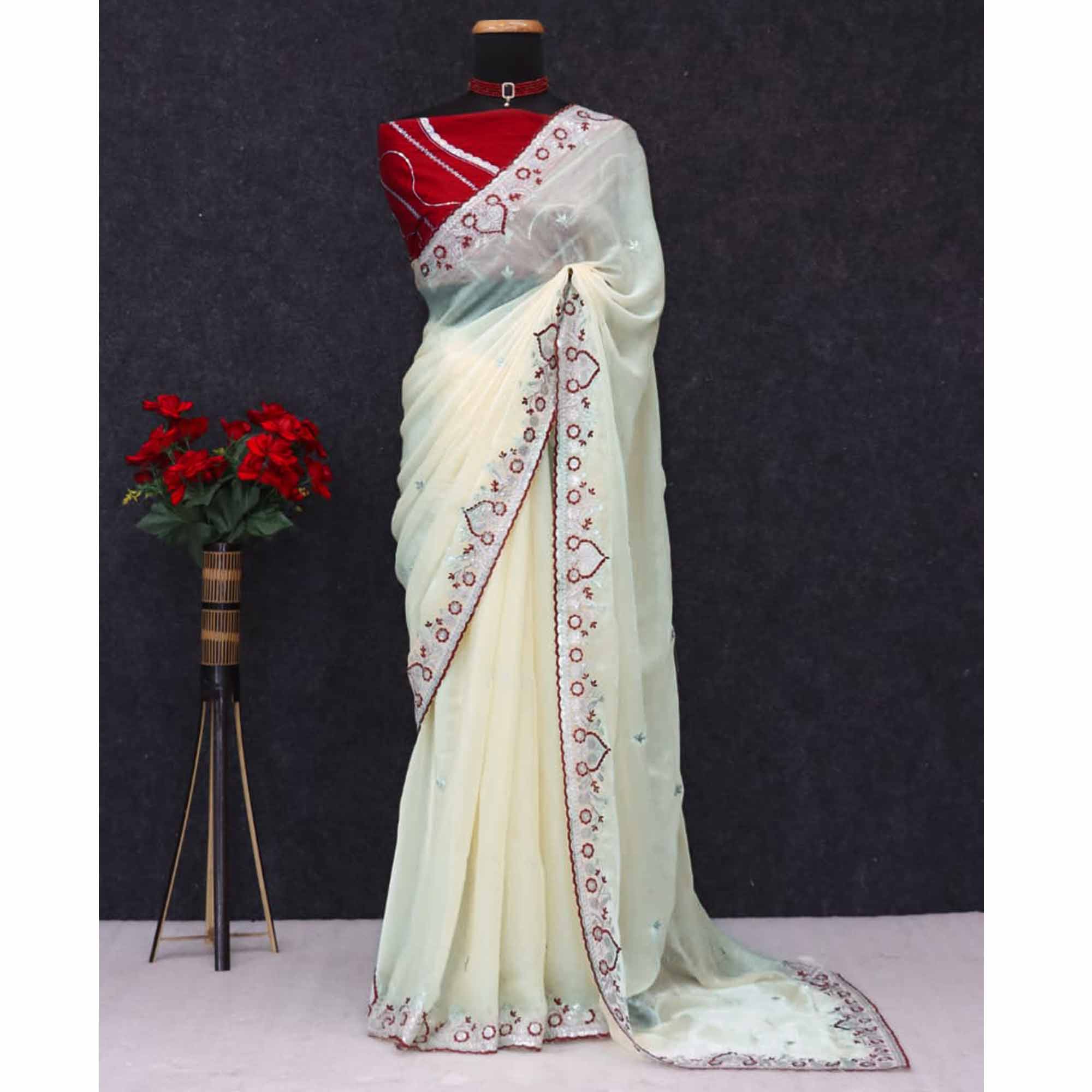 Radiant Cream Tissue Silk Saree Beautifully Embellished With Floral Thread & Sequins Embroidery