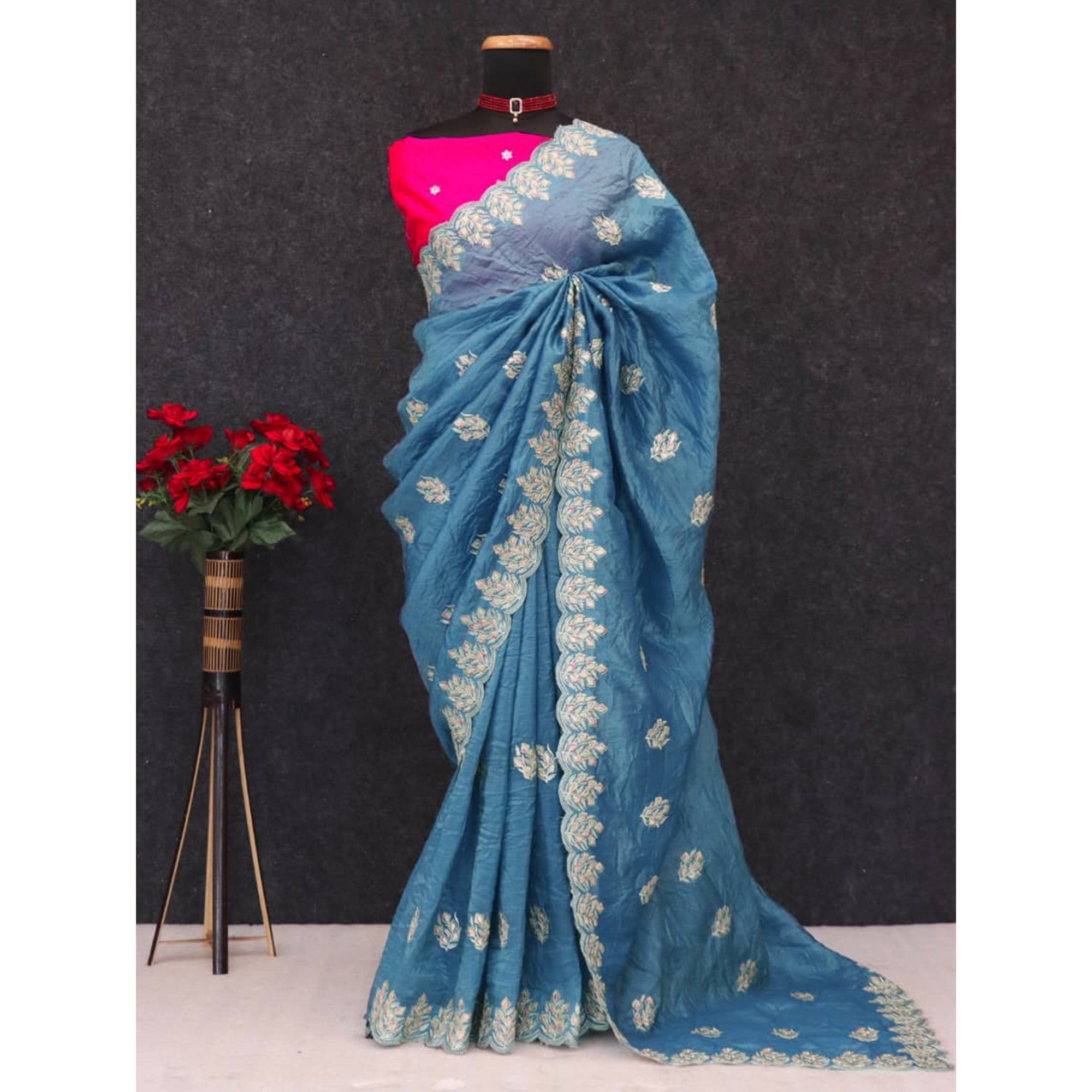 Classic Blue Silk Blend Crush Saree Beautifully Embellished With Floral Thread Embroidery
