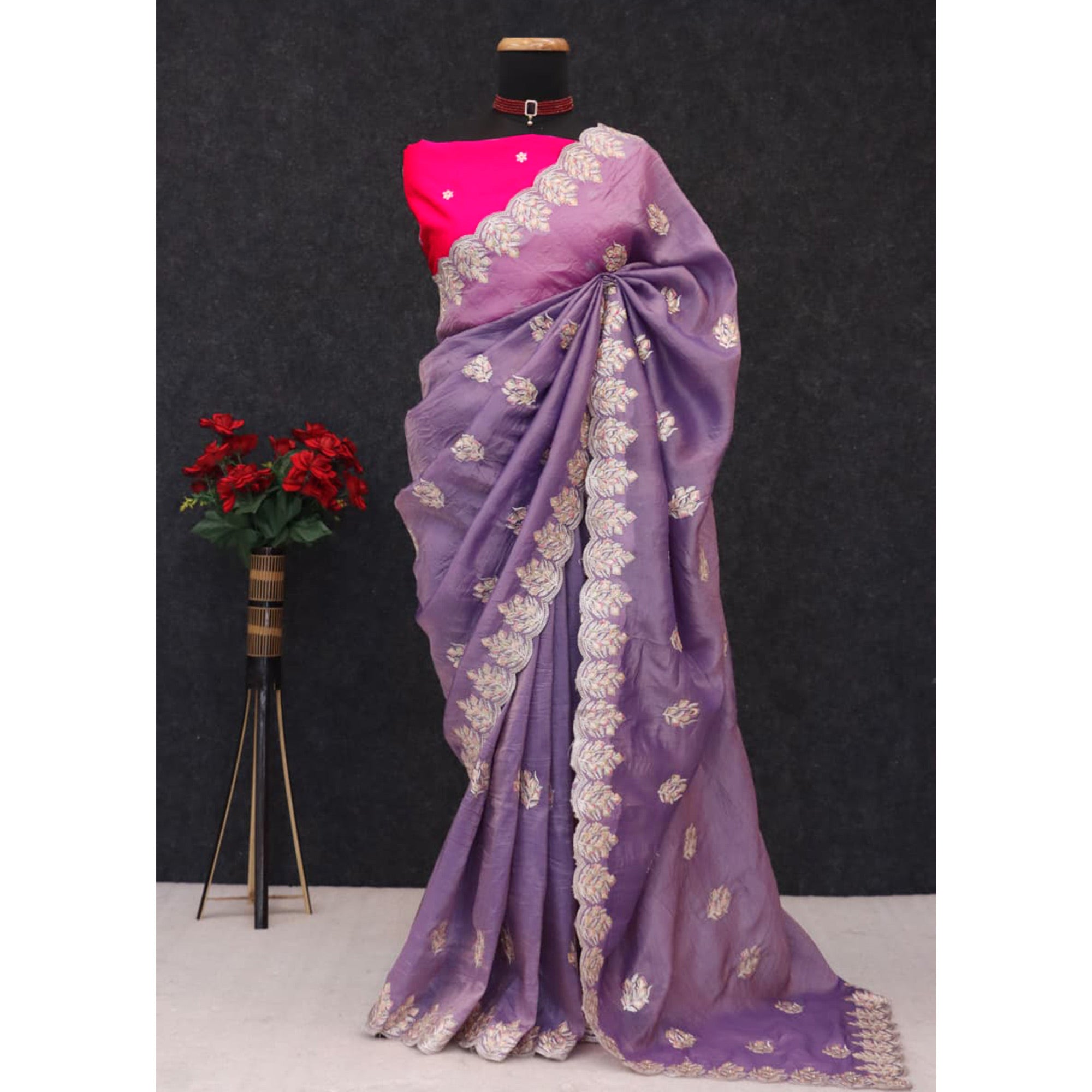 Classic Lavender Silk Blend Crush Saree Beautifully Embellished With Floral Thread Embroidery