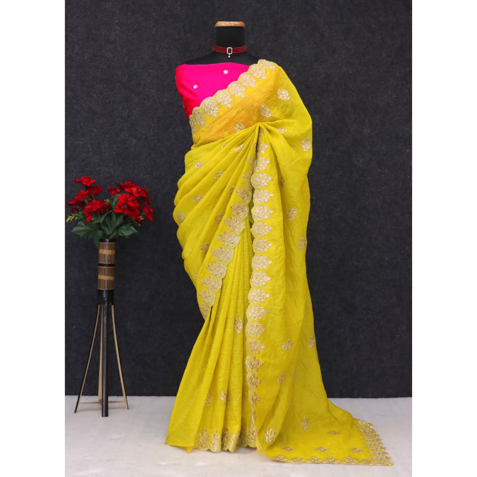 Classic Mustard Silk Blend Crush Saree Beautifully Embellished With Floral Thread Embroidery