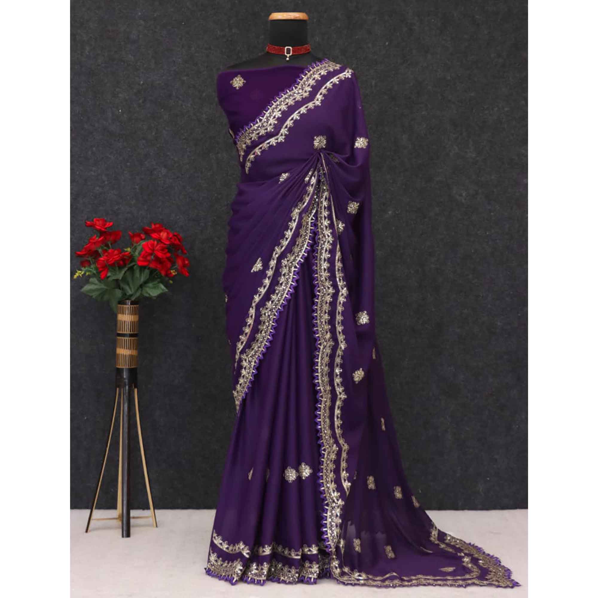 Radiant Purple Thread Work Georgette Silk Saree Beautifully Enhanced With Sequins Embellishment
