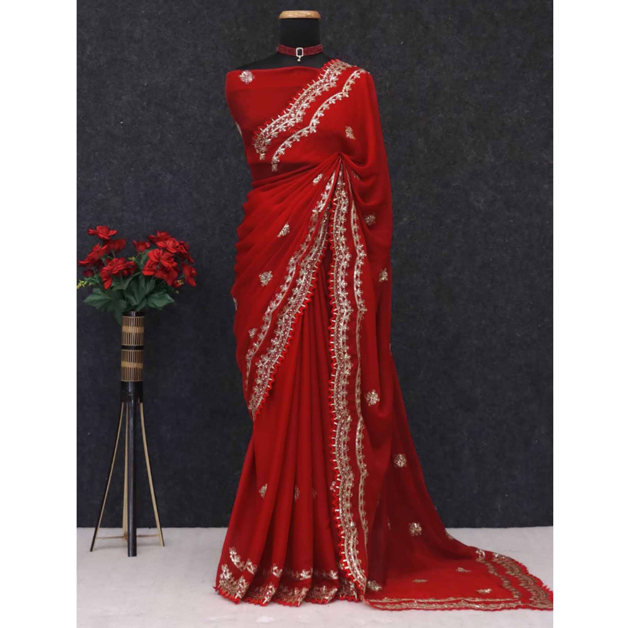 Radiant Red Thread Work Georgette Silk Saree Beautifully Enhanced With Sequins Embellishment