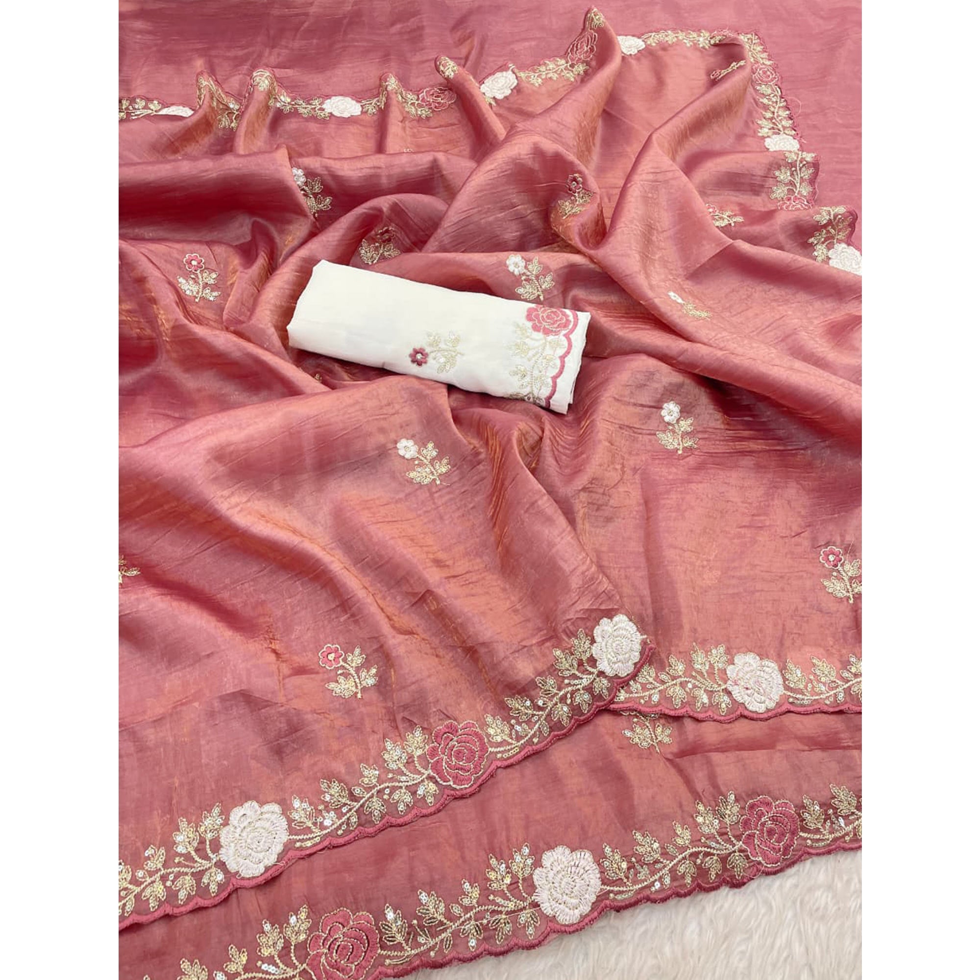 Rose Pink Lightweight Georgette Crush Saree Adorned with Delicate Floral Embroidery