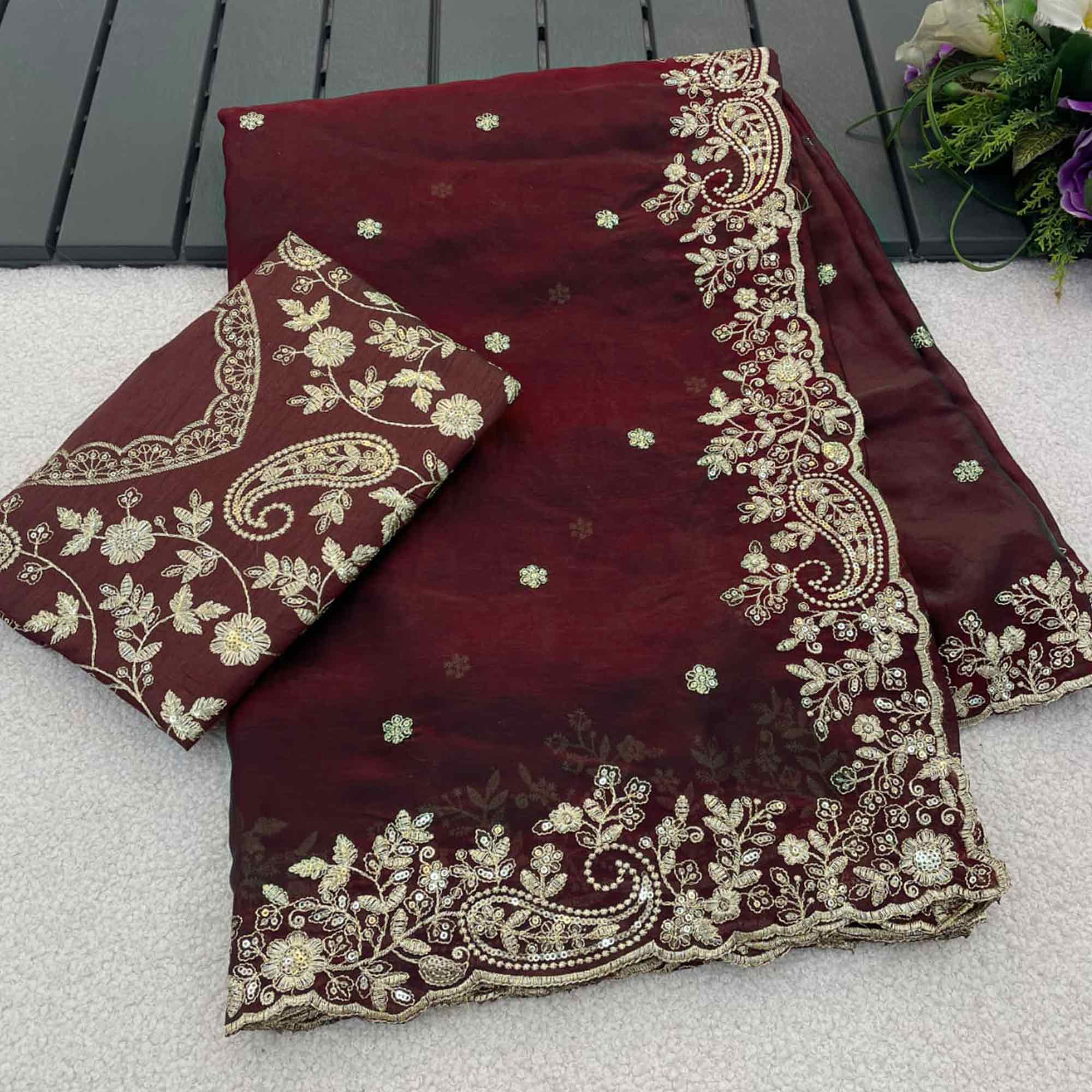 Burgundy Partywear Organza Satin Silk Crush Saree with Delicate Floral Embroidery
