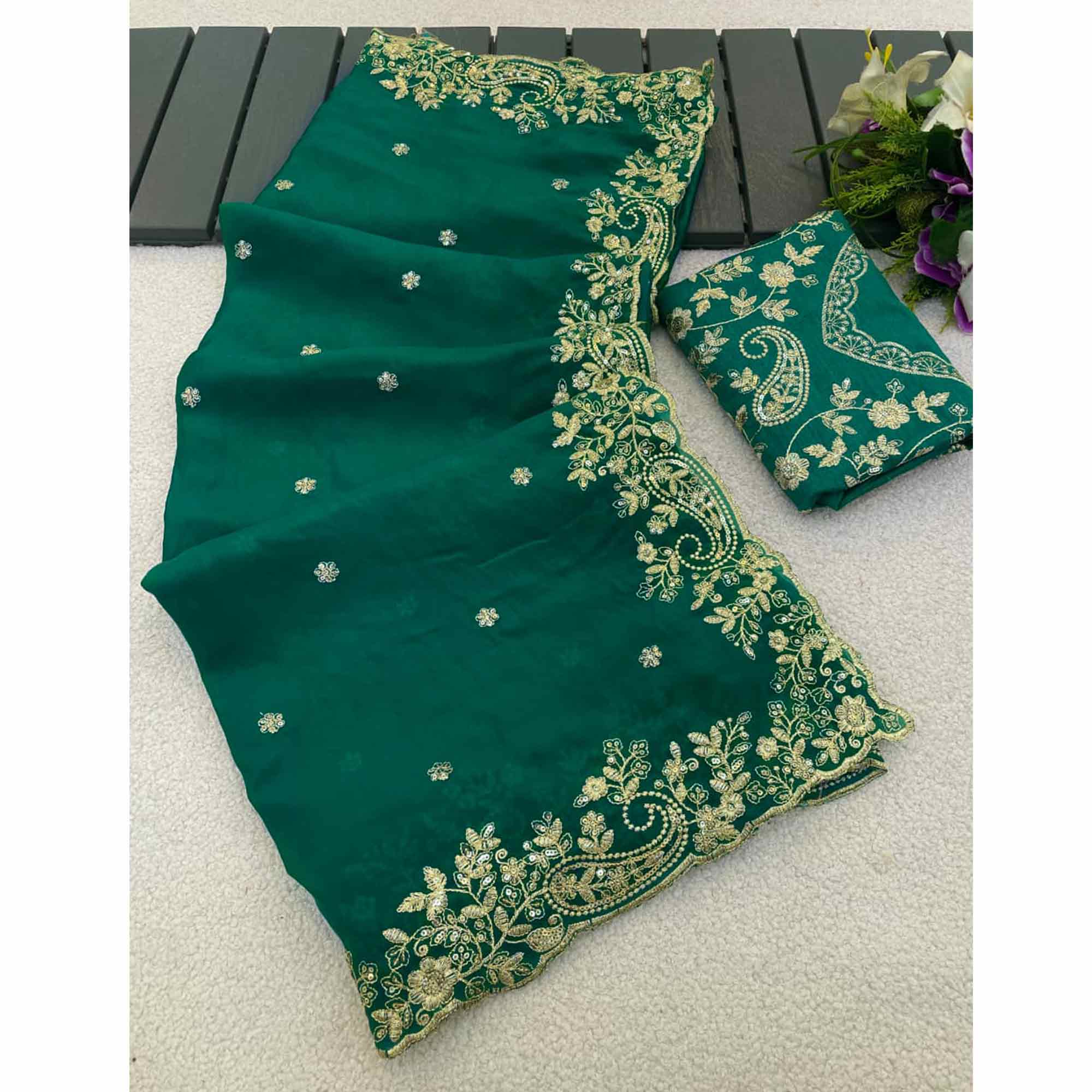 Green Partywear Organza Satin Silk Crush Saree with Delicate Floral Embroidery