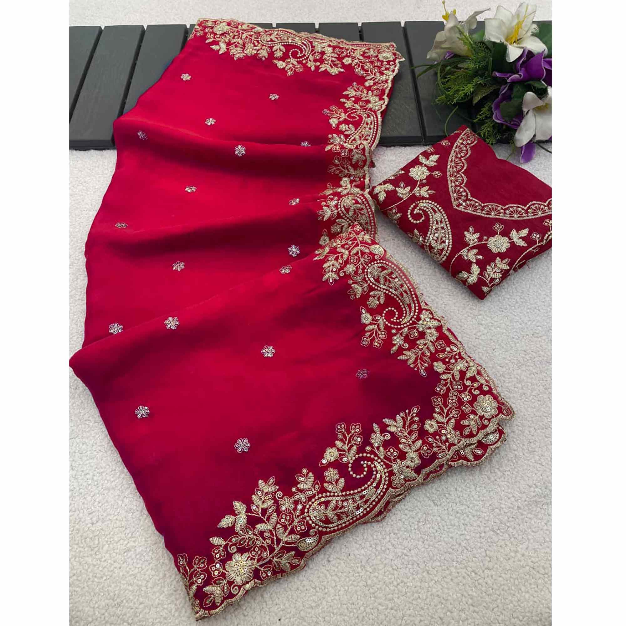 Pink Partywear Organza Satin Silk Crush Saree with Delicate Floral Embroidery