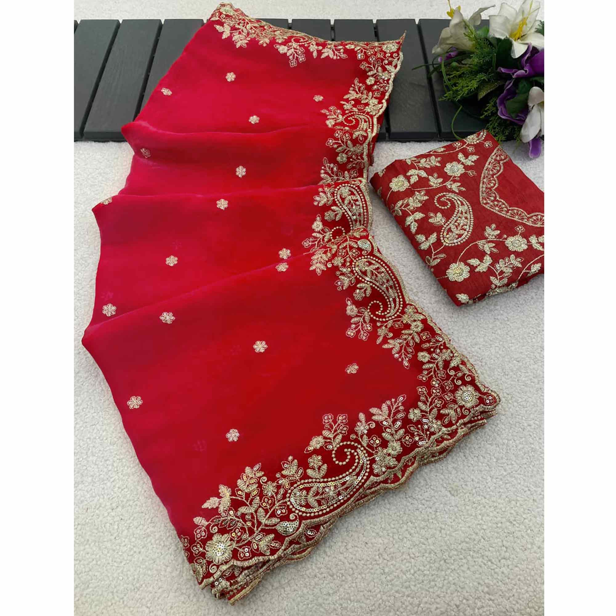 Red Partywear Organza Satin Silk Crush Saree with Delicate Floral Embroidery