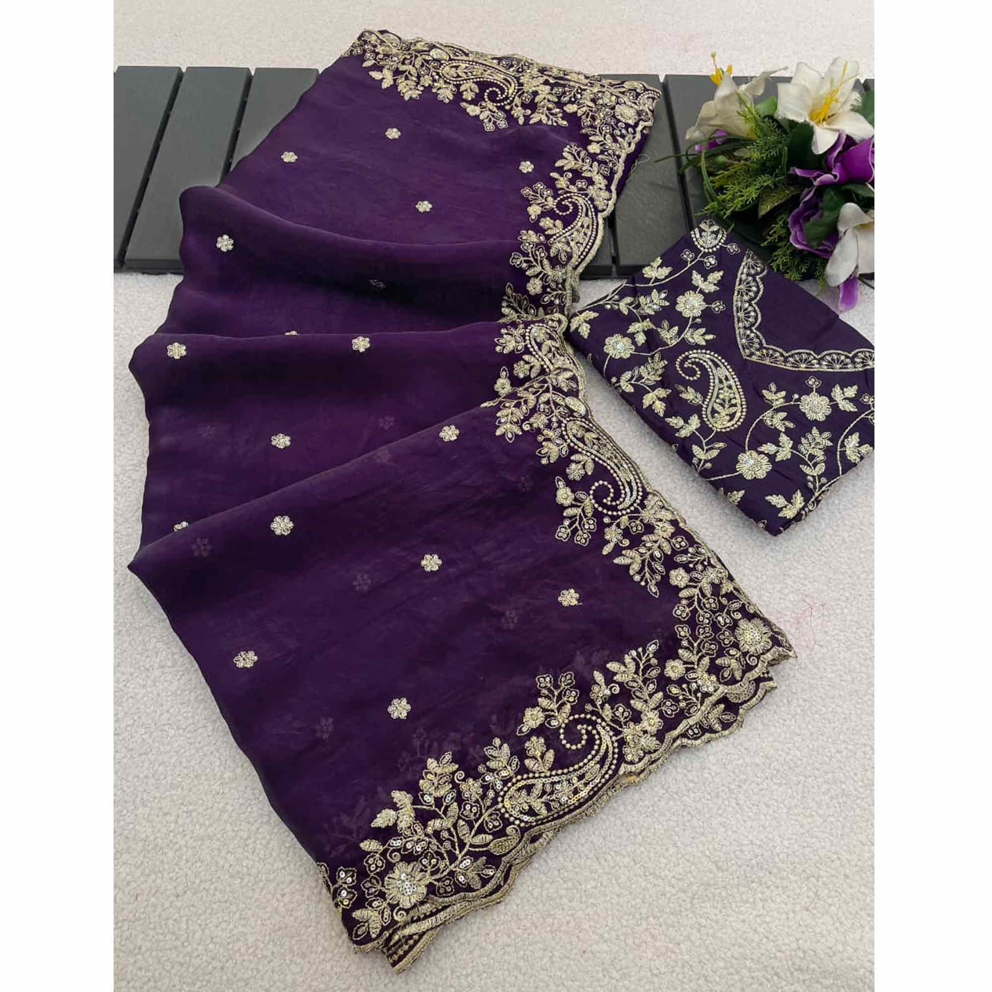 Violet Partywear Organza Satin Silk Crush Saree with Delicate Floral Embroidery