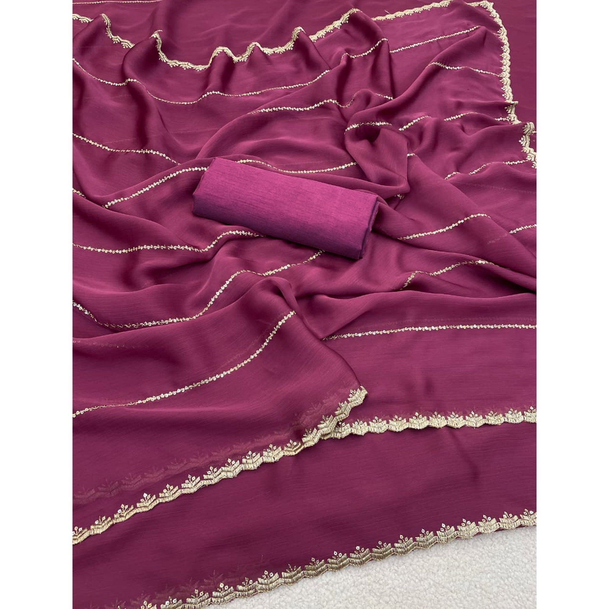 Mauve Soft Satin Chiffon Saree Adorned with Intricate Sequins Detailing
