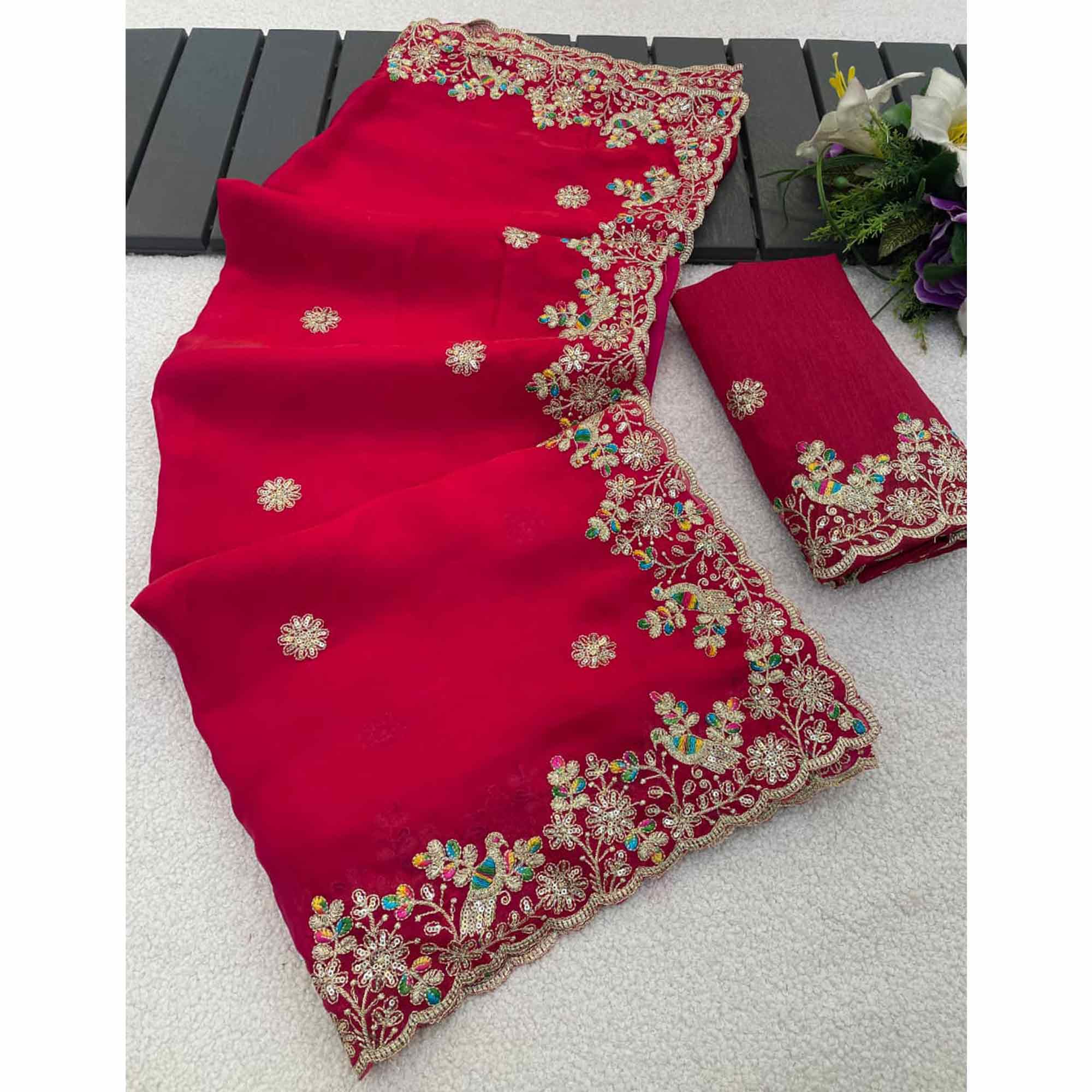 Pink Floral Embroidered Lightweight Organza Satin Silk Saree for Party and Festive Wear