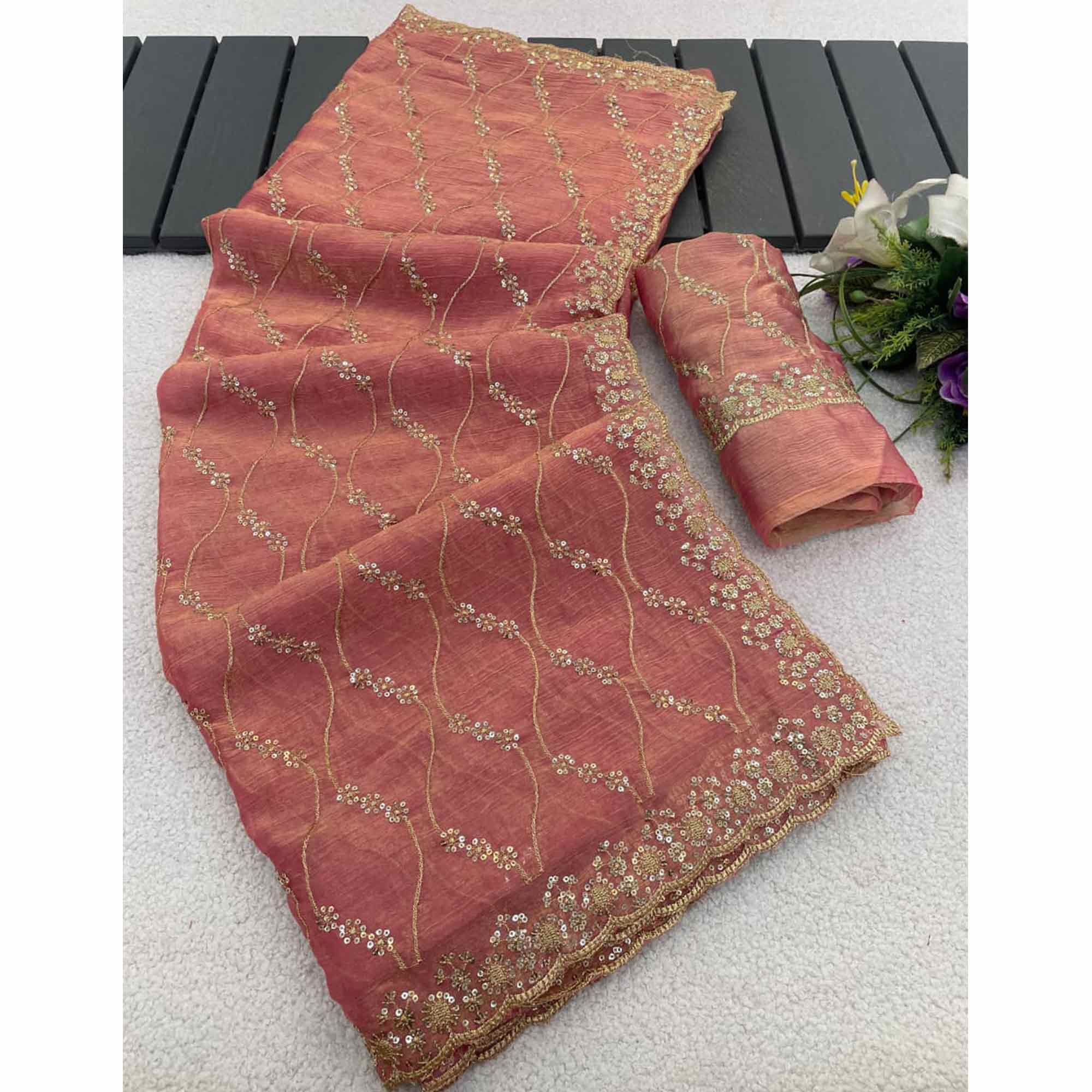 Peach Partywear Organza Chiffon Silk Saree Highlighted with Fine Sequins Detailing