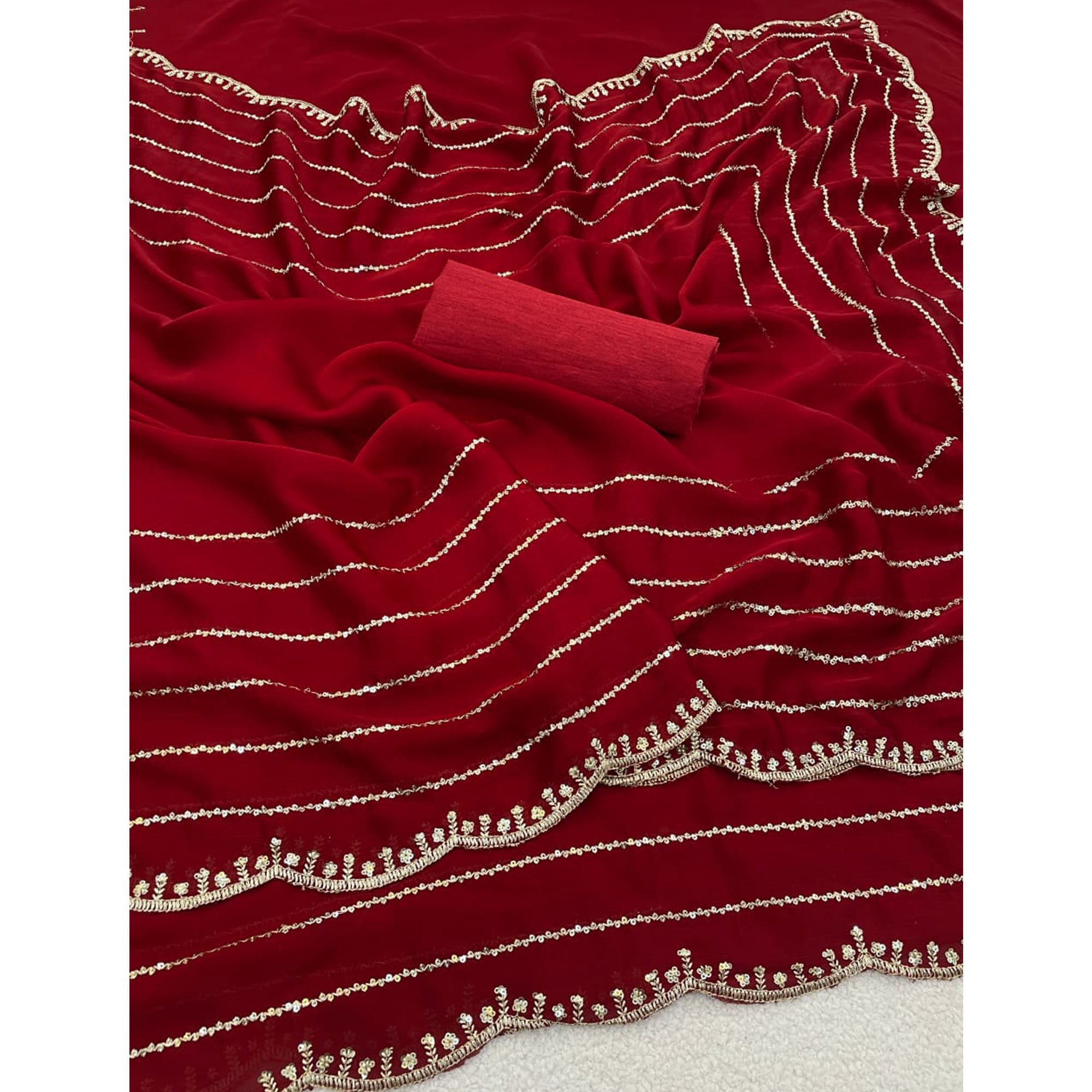 Maroon Soft Satin Chiffon Saree Embellished with Intricate Sequins Detailing