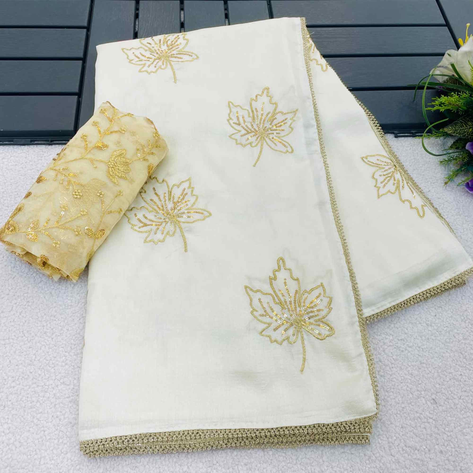 Glamorous Off White Sequin Embellished Saree in Premium Vichitra Silk