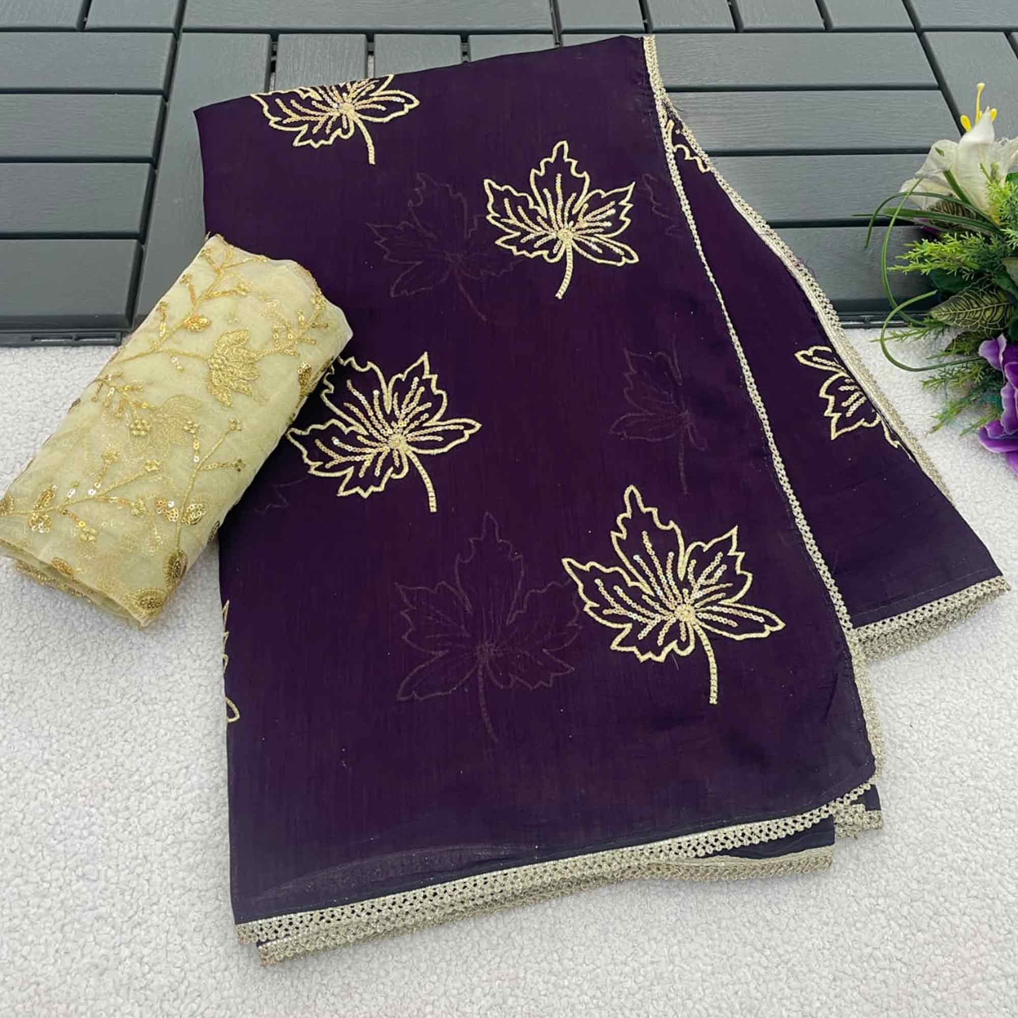Glamorous Purple Sequin Embellished Saree in Premium Vichitra Silk