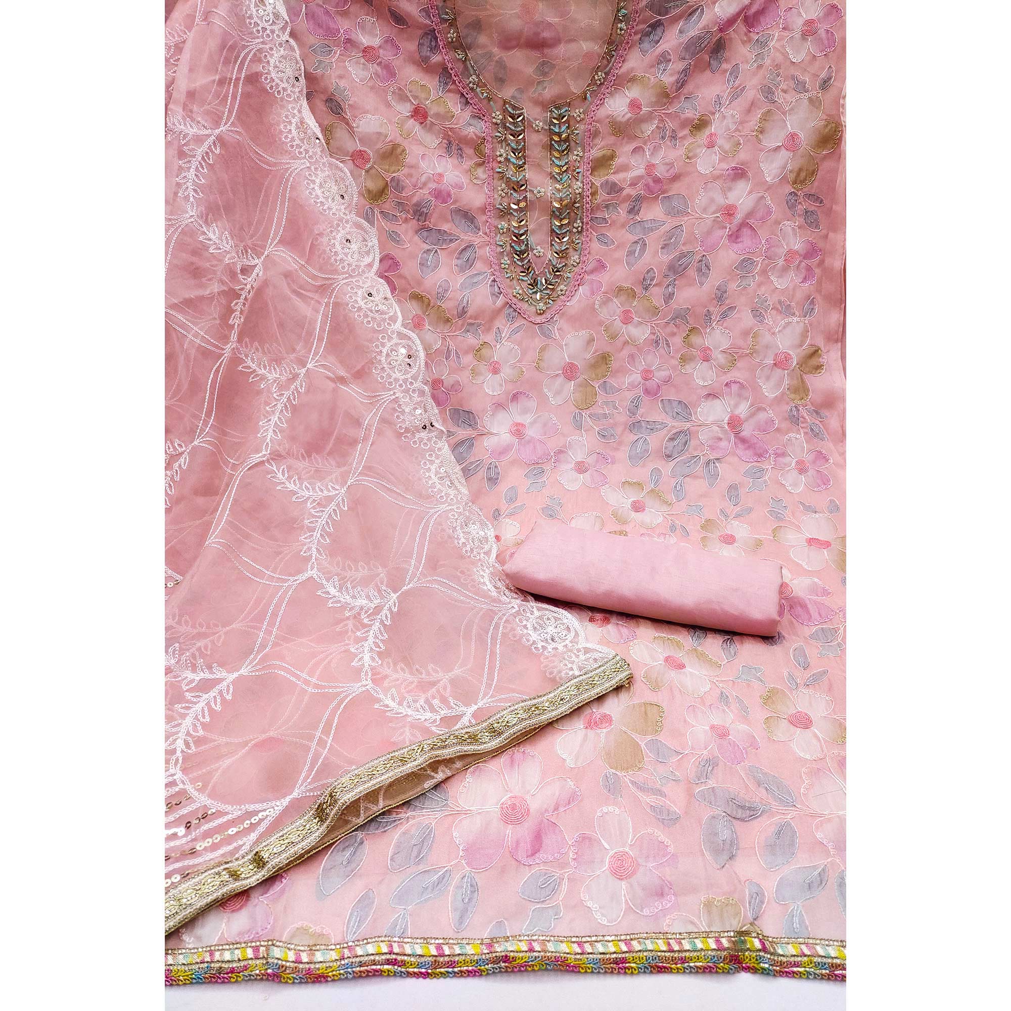 Peach Printed With Handwork Organza Dress Material