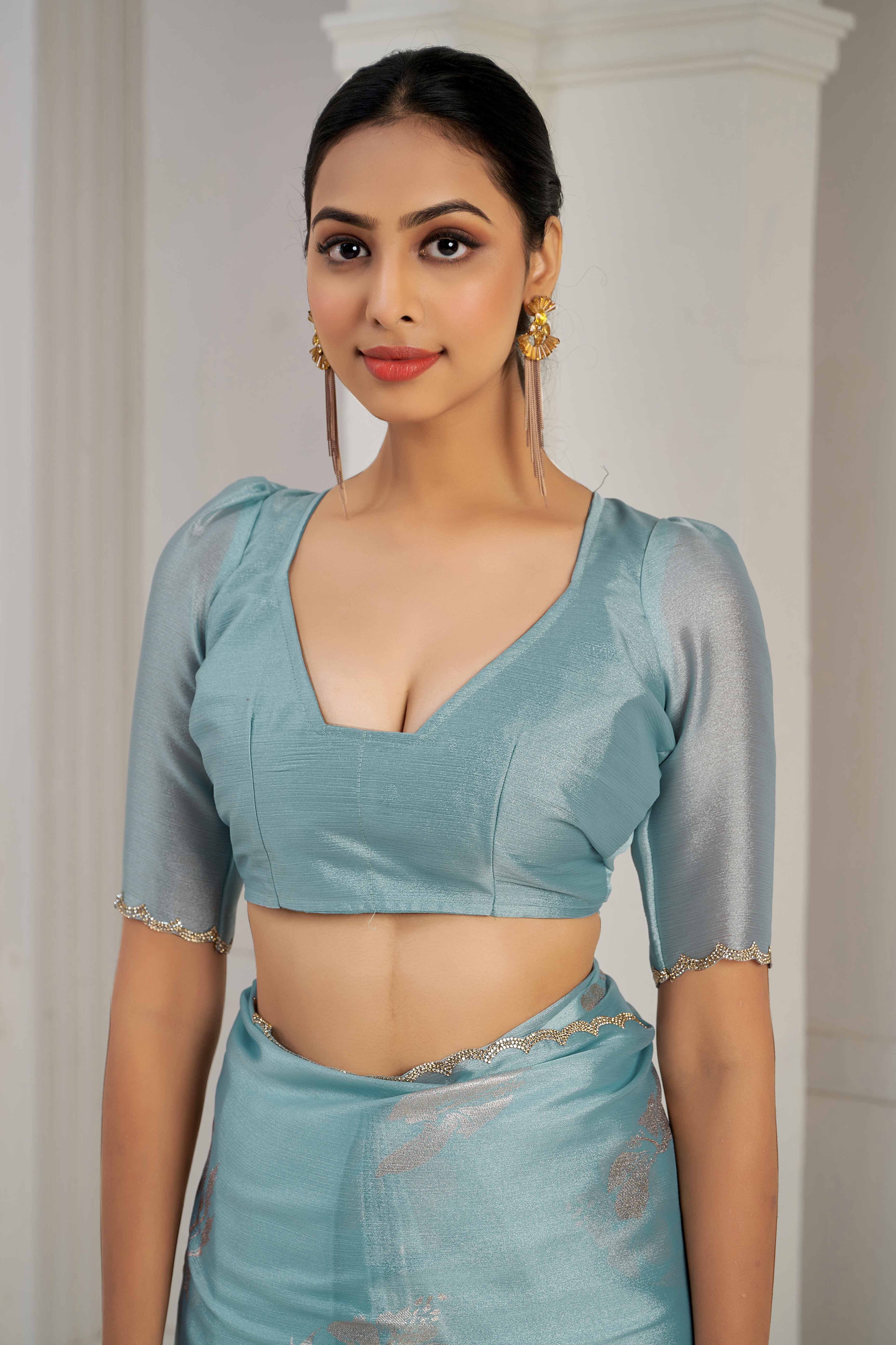 Sky Blue Floral Printed Stone Work Satin Saree