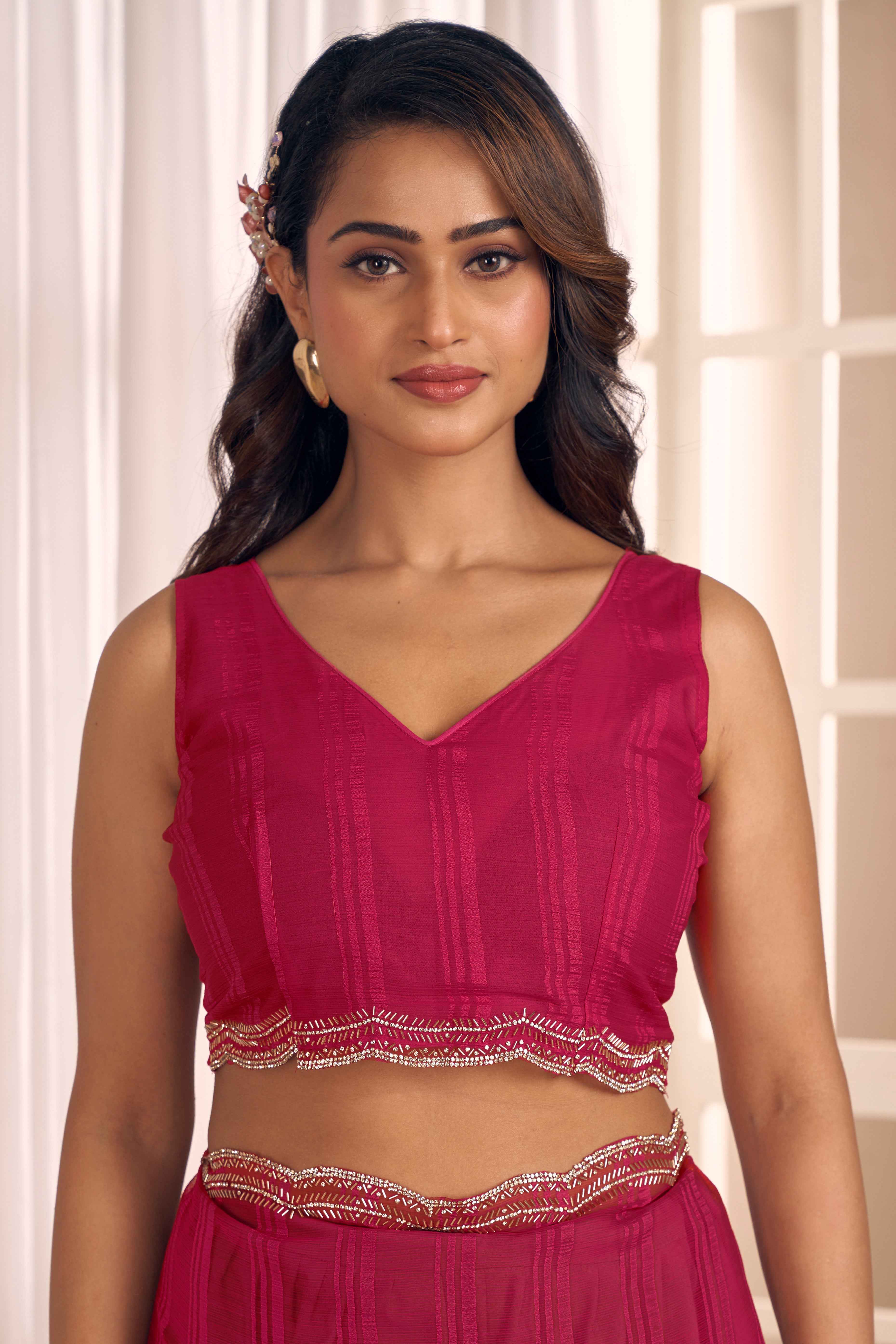 Pink Georgette Saree Featuring Contemporary Stripes With A Sparkling Diamond & Beads Work Border